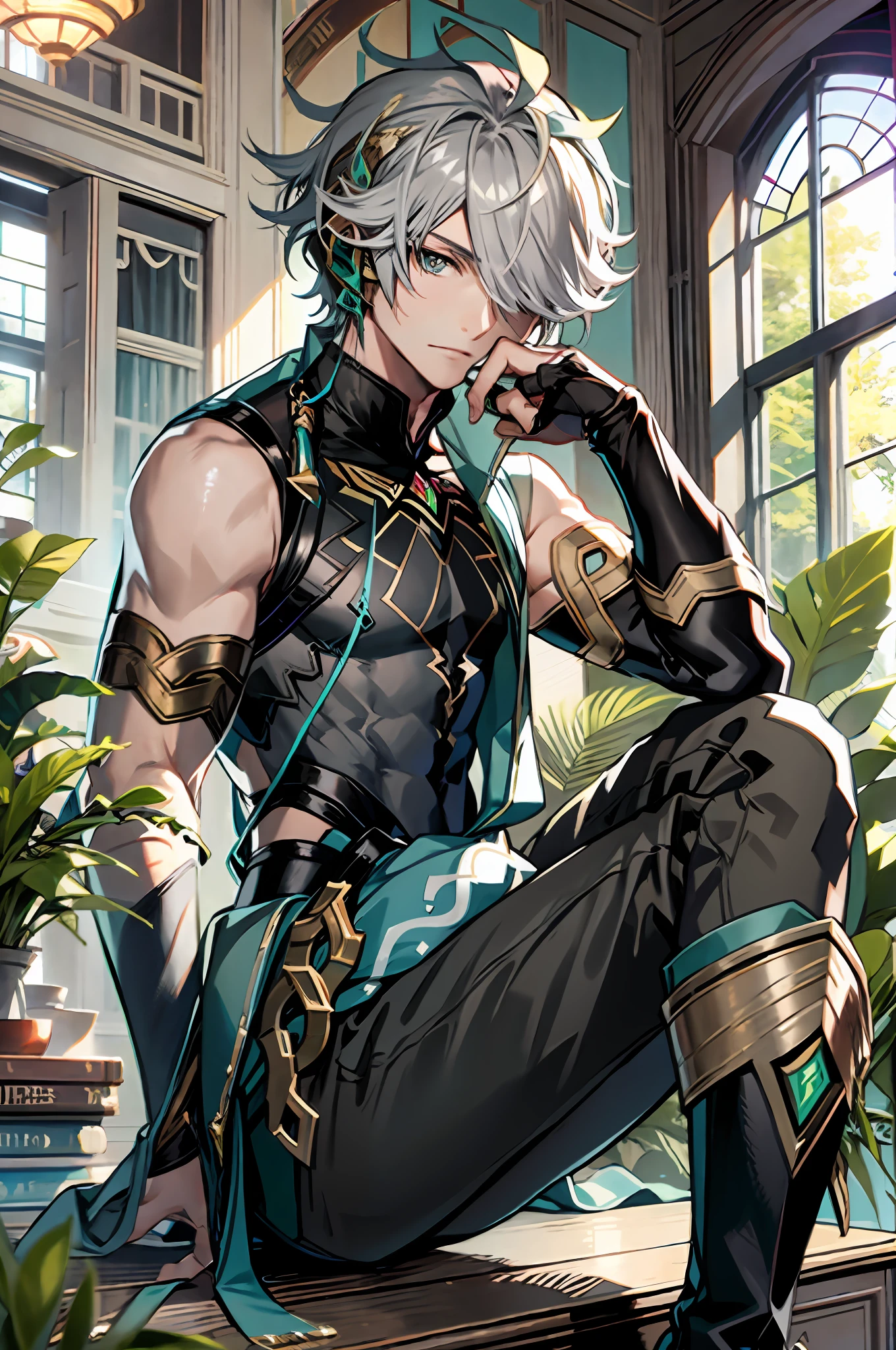 masterpiece, best quality,alhaitham\(genshin impact\), 1boy, male focus, window, book, shirt, solo, gloves, sleeveless shirt, sitting, grey hair, green eyes, sleeveless, holding, ahoge, curtains, holding book, black shirt, open book, bangs, hair over one eye, black gloves, indoors, fingerless gloves, black pants, pants, swept bangs, boots, bare shoulders, short hair, knee up, elbow gloves,(kbxll:0.6)