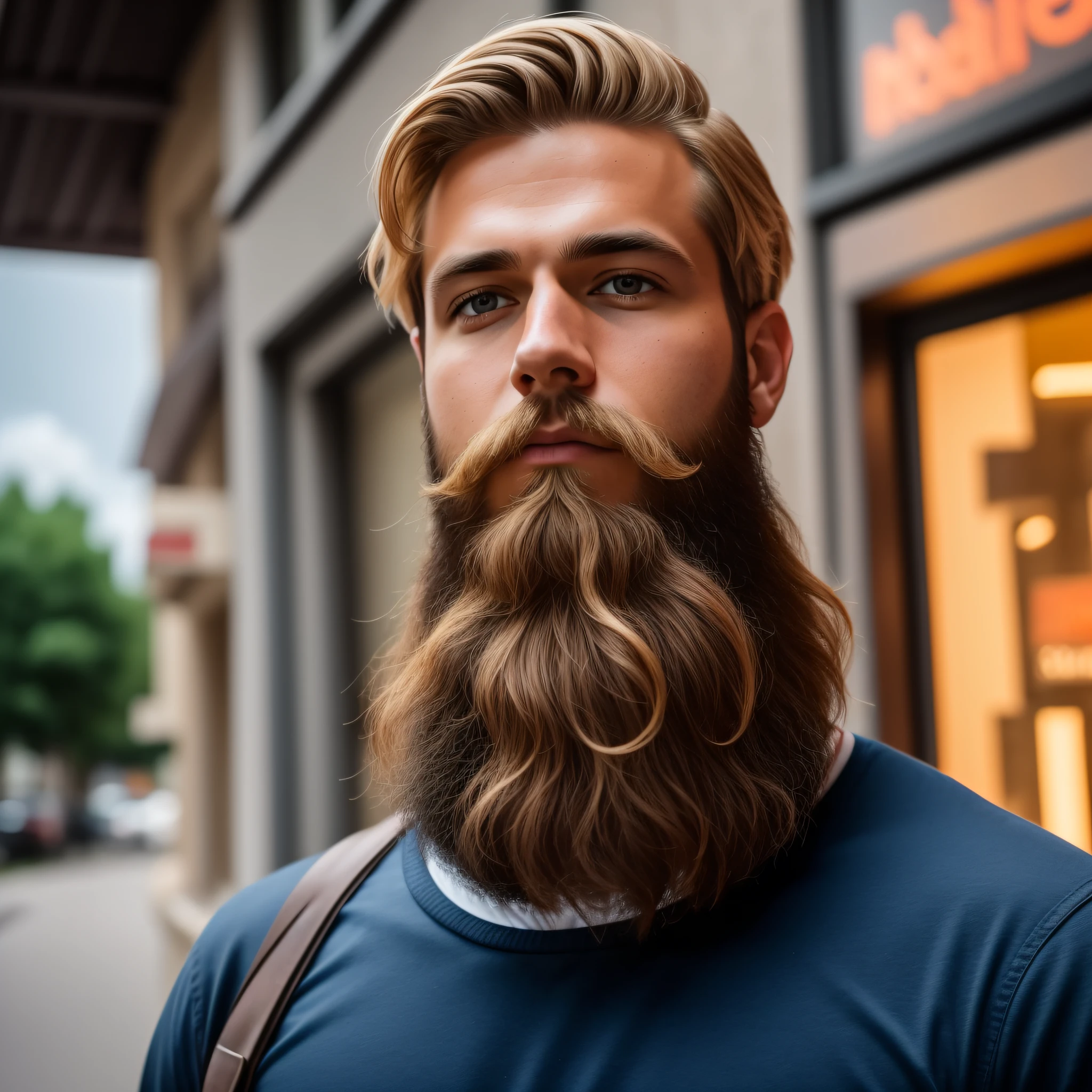 (Professional Photo), A skinny blonde young man with long beard standing on the sidewalk looking up at the sky, 31 years old, a color photo by Jesse Richards, instagram contest winner, maximalism, beautiful, photography, realistic face, extremely detailed natural texture, peach fuzz, masterpiece, absurdists, nikon d850 film stock photography, kodak portra 400 camera f1.6 lens, extremely detailed, amazing, fine details, hyper realistic texture, dramatic lighting, unrealengine, trend at artstation, cinestill 800 tungsten, looking at the viewer, realistic photo, RAW photo, TanvirTamim, high quality, highres, sharp focus, extremely detailed, cinematic lighting, 8k uhd,