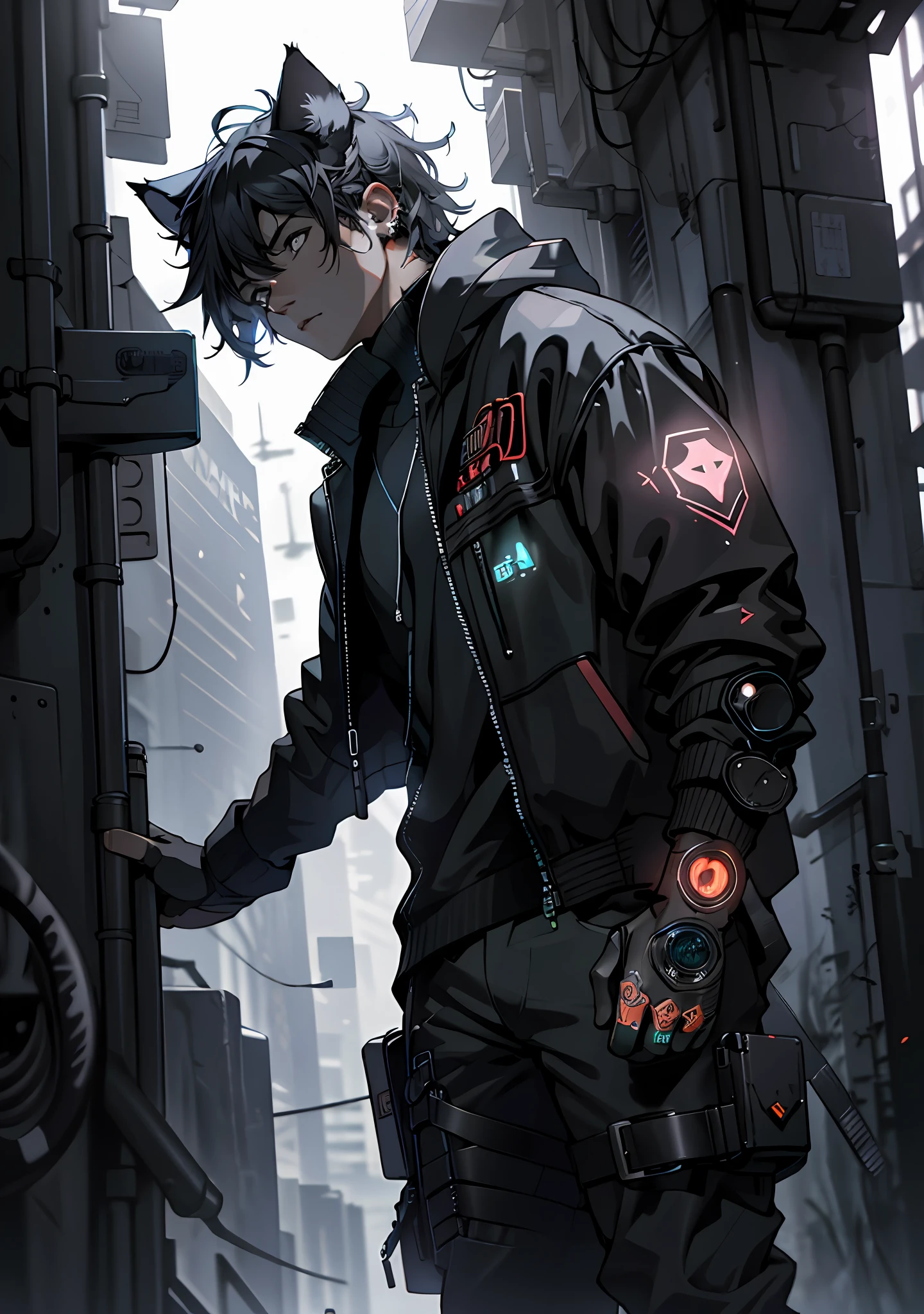 ultra detail, high resolution, ultra detailed, best quality, amazing, top quality, extremely detailed CG unity 8k wallpaper, cinematic lighting, cat fanboy, cyberpunk, dark boy