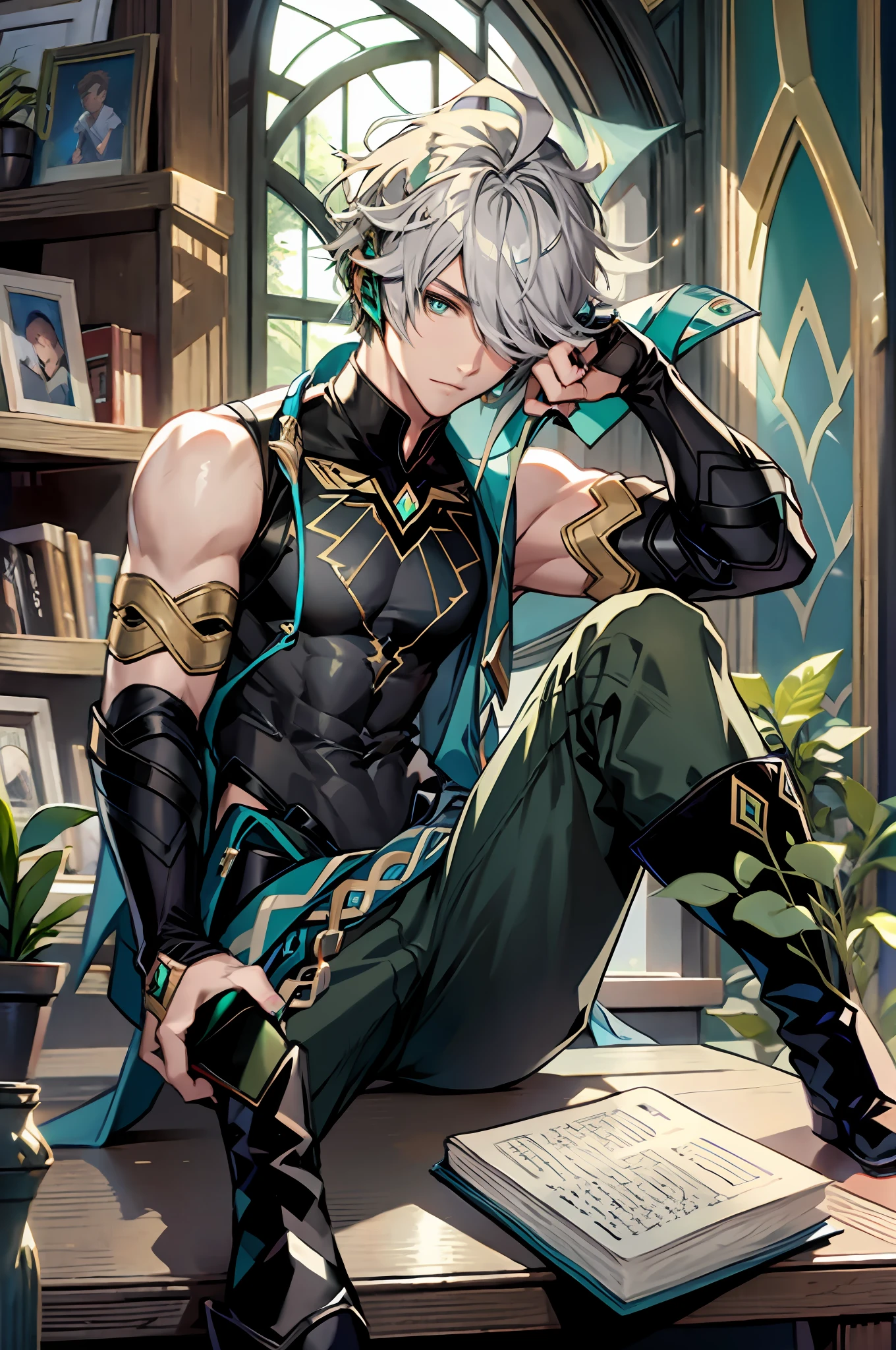 masterpiece, best quality,alhaitham\(genshin impact\), 1boy, male focus, window, book, shirt, solo, gloves, sleeveless shirt, sitting, grey hair, green eyes, sleeveless, holding, ahoge, curtains, holding book, black shirt, open book, bangs, hair over one eye, black gloves, indoors, fingerless gloves, black pants, pants, swept bangs, boots, bare shoulders, short hair, knee up, elbow gloves,(kbxll:0.6)