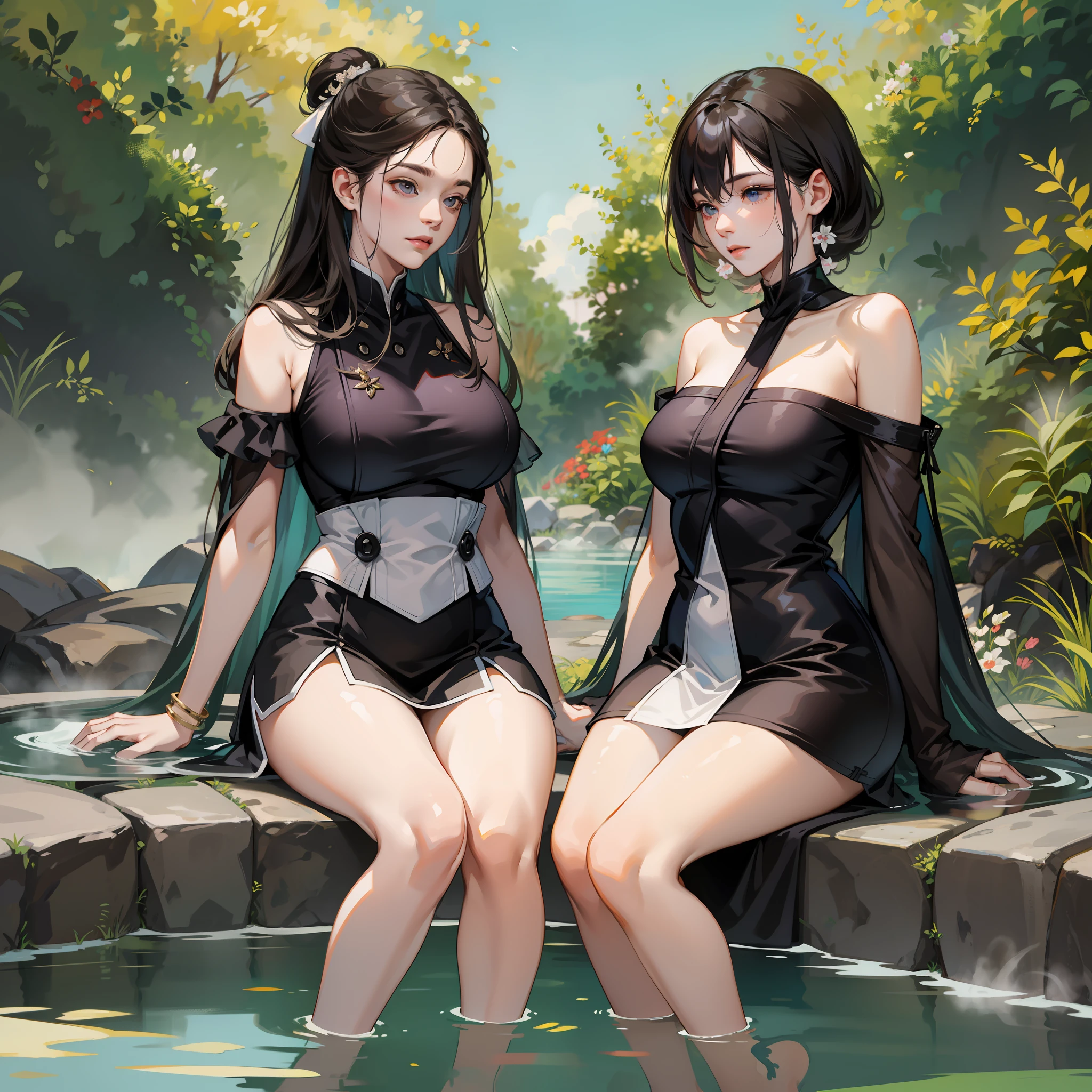 9 beauties, around hot spring, background of nature, looking into camera, steam, big, beautiful legs