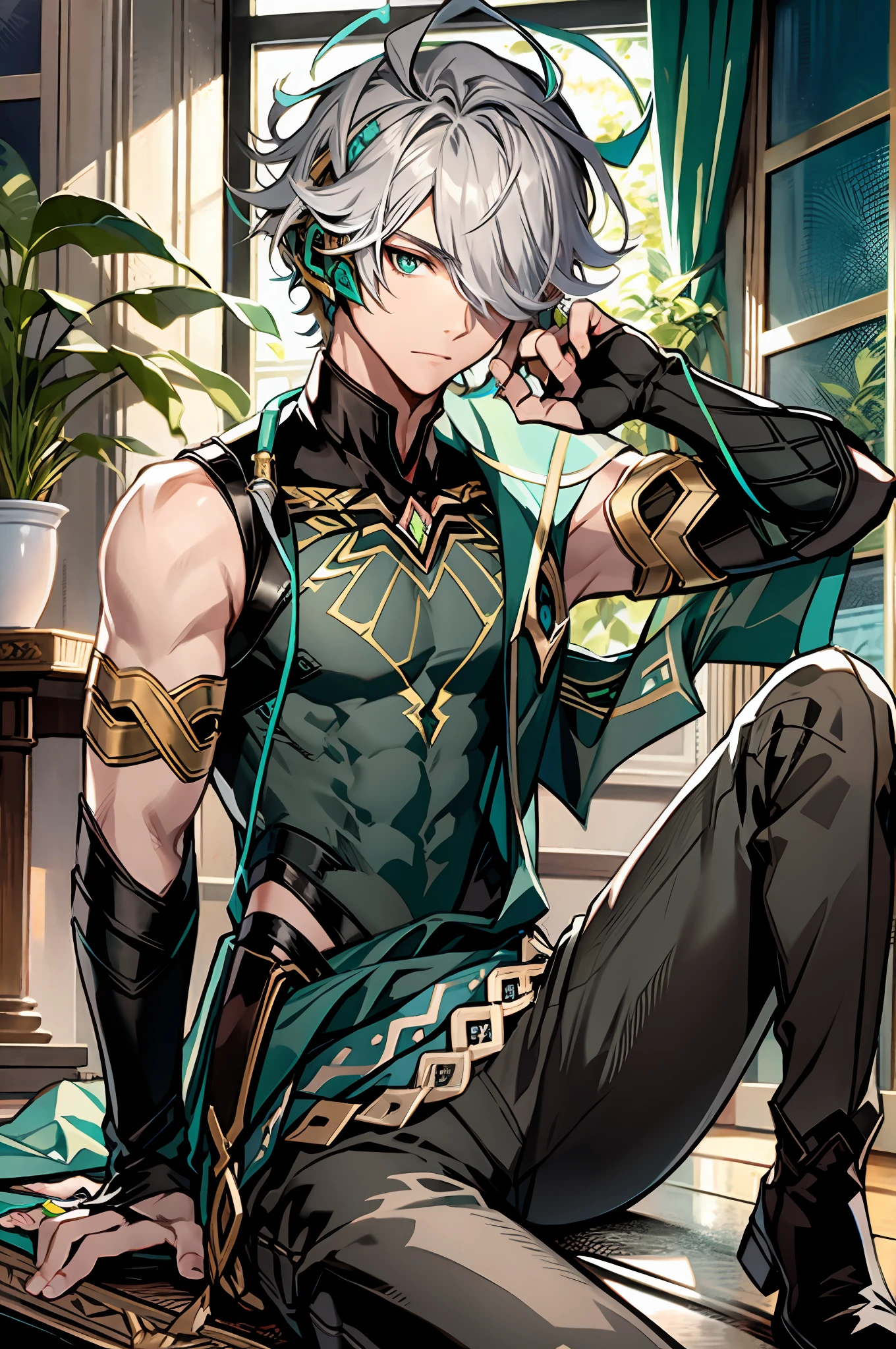 masterpiece, best quality,alhaitham\(genshin impact\), 1boy, male focus, window, book, shirt, solo, gloves, sleeveless shirt, sitting, grey hair, green eyes, sleeveless, holding, ahoge, curtains, holding book, black shirt, open book, bangs, hair over one eye, black gloves, indoors, fingerless gloves, black pants, pants, swept bangs, boots, bare shoulders, short hair, knee up, elbow gloves,(kbxll:0.6)