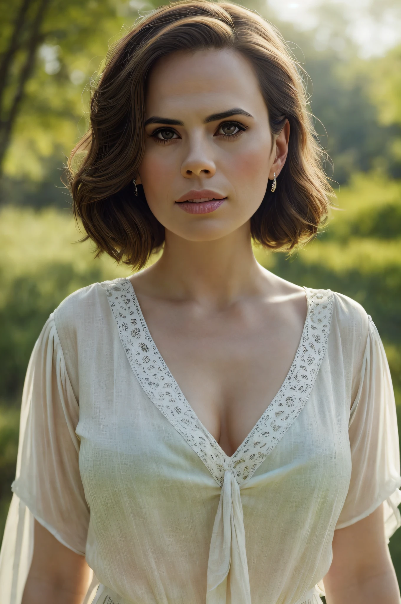 (Thirty year old) woman, Hayley Atwell, standing in park, wearing a (chiffon blouse::1.2), dreamy photo, dramatic pose, looking straight at camera, intense stare, slight smile, portrait, detailed skin texture, beautiful landscape, misty, painting by andre kohn. Intricate, 8k, highly detailed, (extremely detailed CG unity 8k wallpaper), ((square jaw)), (well defined jaw), (downturned lips), (detailed anatomy), Hyperrealistic, trending on CGSociety, Intricate, High Detail, Sharp focus, dramatic, volumetric lighting, digital painting, intense, modelshoot style, (extremely detailed CG unity 8k wallpaper), full shot body photo of the most beautiful artwork in the world, pearl skin, by Jeremy Mann, trending on ArtStation, photorealistic painting art by midjourney