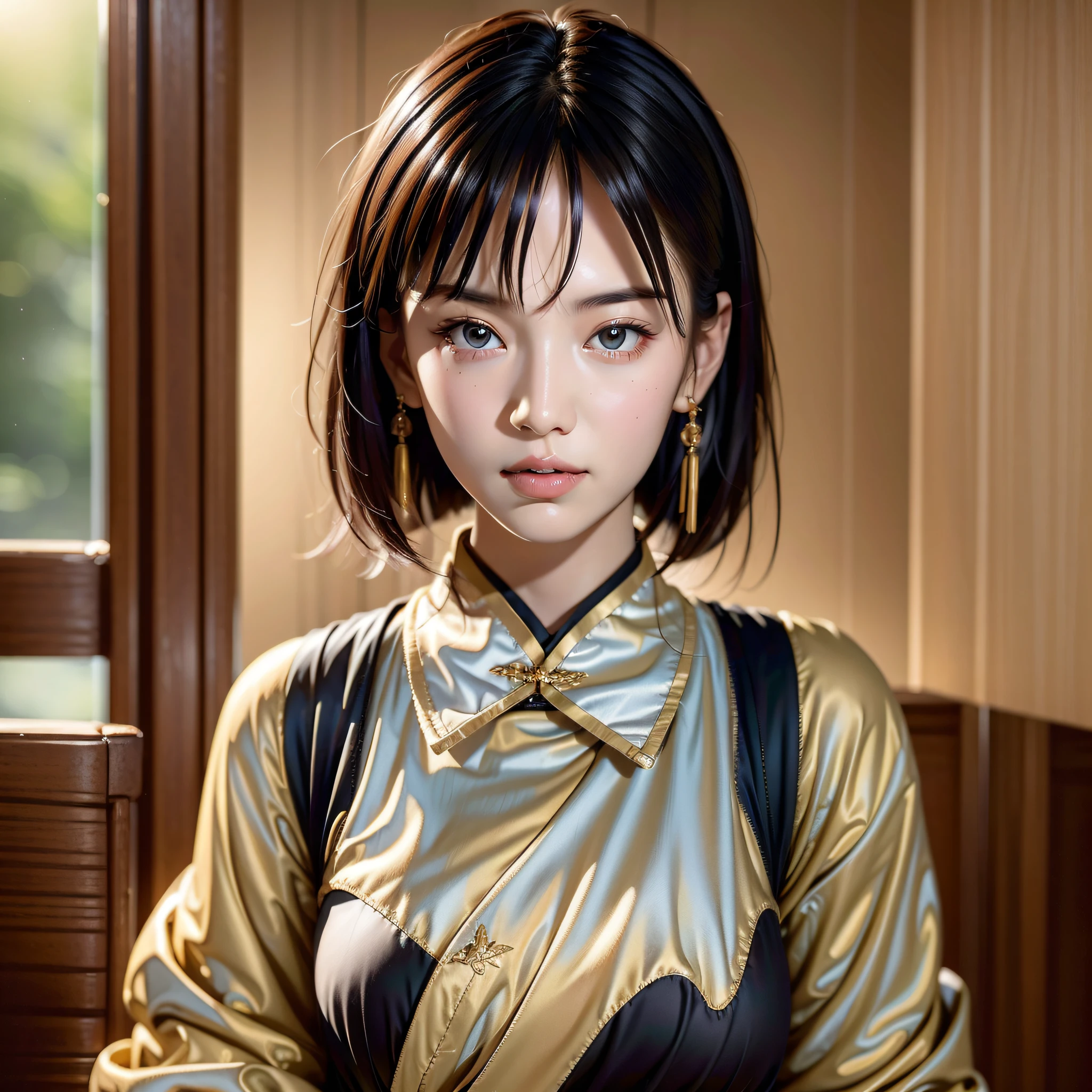 A Chinese girl 18 years old Beautiful eyes, real skin, delicate face, full body picture, hanfu, clothing details, skin details, slim body, delicate and delicate, short hair, black hair, blunt bangs ,beauty, best quality, super detailed, masterpiece, fine detail, high resolution, 8k wallpaper, realistic details, skin details, super detailed, high resolution, extremely detailed, cinematic lighting texture, beautiful, perfect, hd