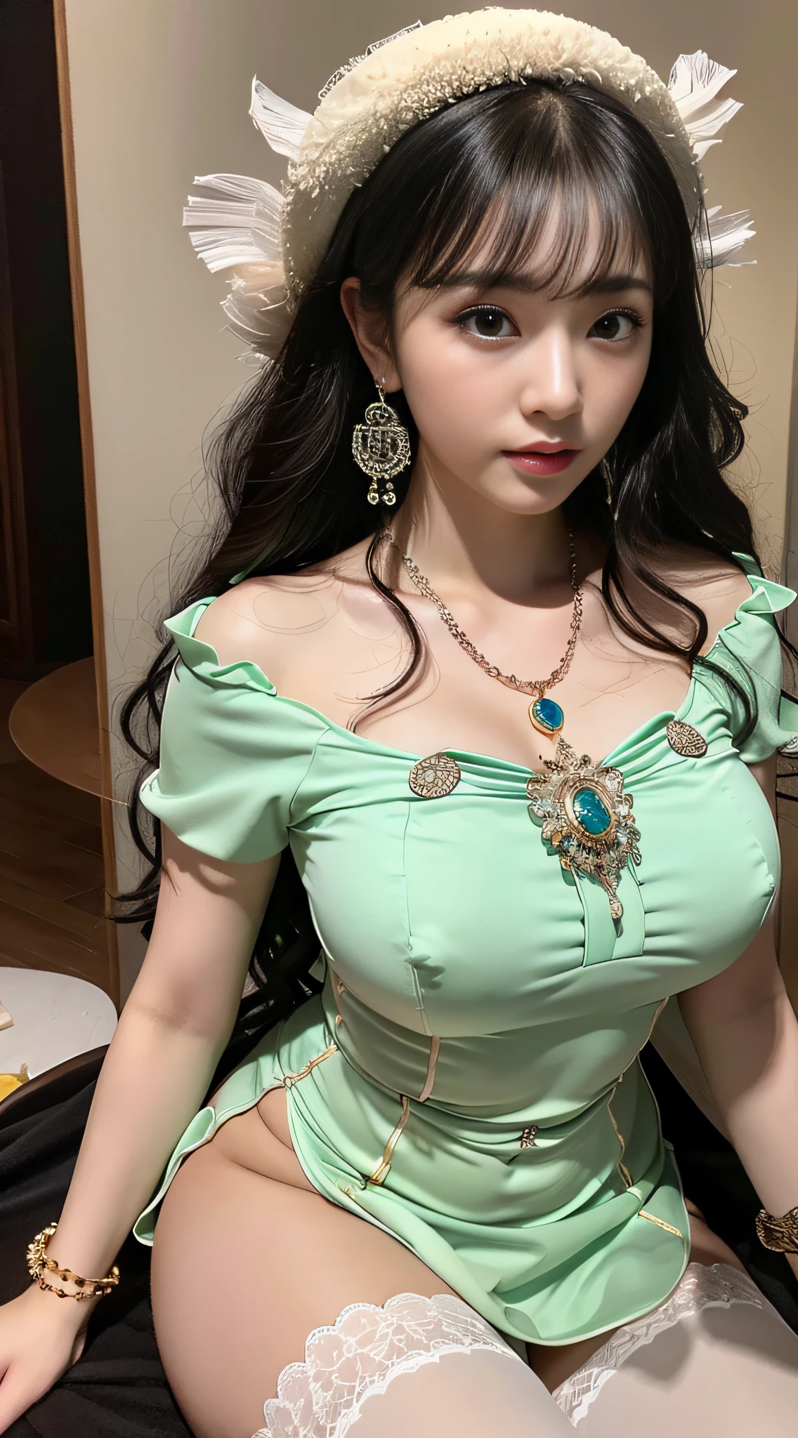 Highest quality, masterpiece, correct proportions, asian girl, black shawl hair, curly hair, bangs, ((big chest)), big hips, jewelry, earrings, necklace, bracelets, jewelry, light porcelain dress, light short sleeve cheongsam, stockings, bumps, feminine, quartered body, background prairie, medium view, wide angle, pastel color, spring, breeze, photo, highest resolution, 8K