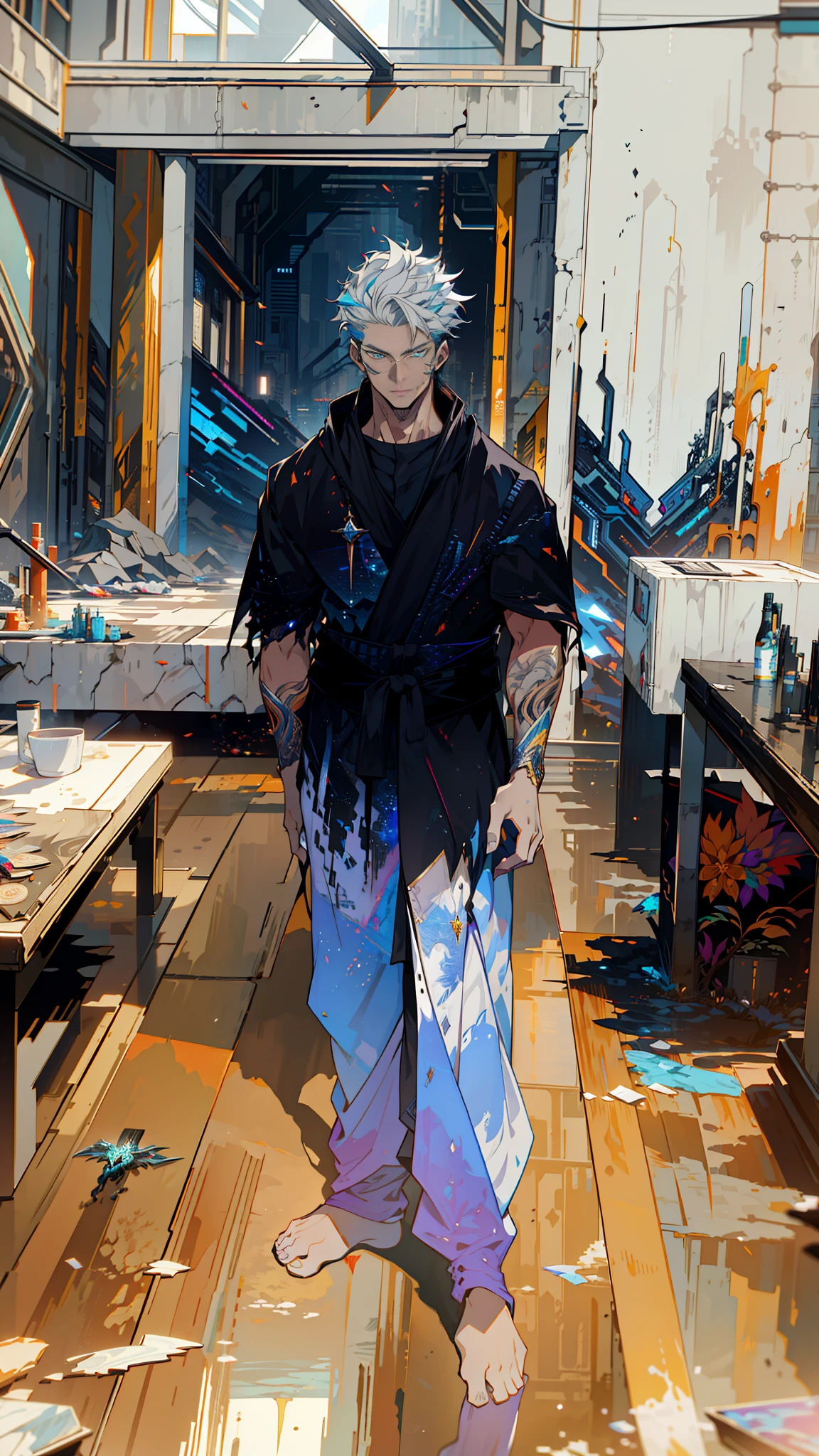 Cyberpunk male, fantasy world, dark background, clean design, epic instagram, artstation, colorful paint splatter, silhouette, hyper detailed intricate details, unreal engine, fantasy, intricate details, splash screen, complementary colors, Fantasy concept art, 8k resolution, deviantart masterpiece, oil painting, heavy strokes, paint dripping, (isolated on white background: 1.3), rainbow skin, (((handsome young man))), ((age:1.5) ), (glowing blue eyes), ((light eyes)), ((((short white hair: 1.1))), ((black clothes)), (prince\\(indifferent expression\\),, ( ((Wears high detail luxurious black robe))), white hair, frost magic, ((chest) --v 6