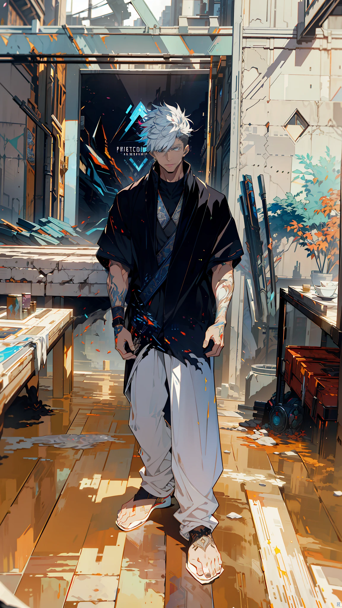 Cyberpunk male, fantasy world, dark background, clean design, epic instagram, artstation, colorful paint splatter, silhouette, hyper detailed intricate details, unreal engine, fantasy, intricate details, splash screen, complementary colors, Fantasy concept art, 8k resolution, deviantart masterpiece, oil painting, heavy strokes, paint dripping, (isolated on white background: 1.3), rainbow skin, (((handsome young man))), ((teenage:1.5) ), (glowing blue eyes), ((light eyes)), ((((short white hair: 1.1))), ((black clothes)), (prince\\(indifferent expression\\),, ( ((Wears high detail luxurious black robe))), white hair, frost magic, ((chest) --v 6