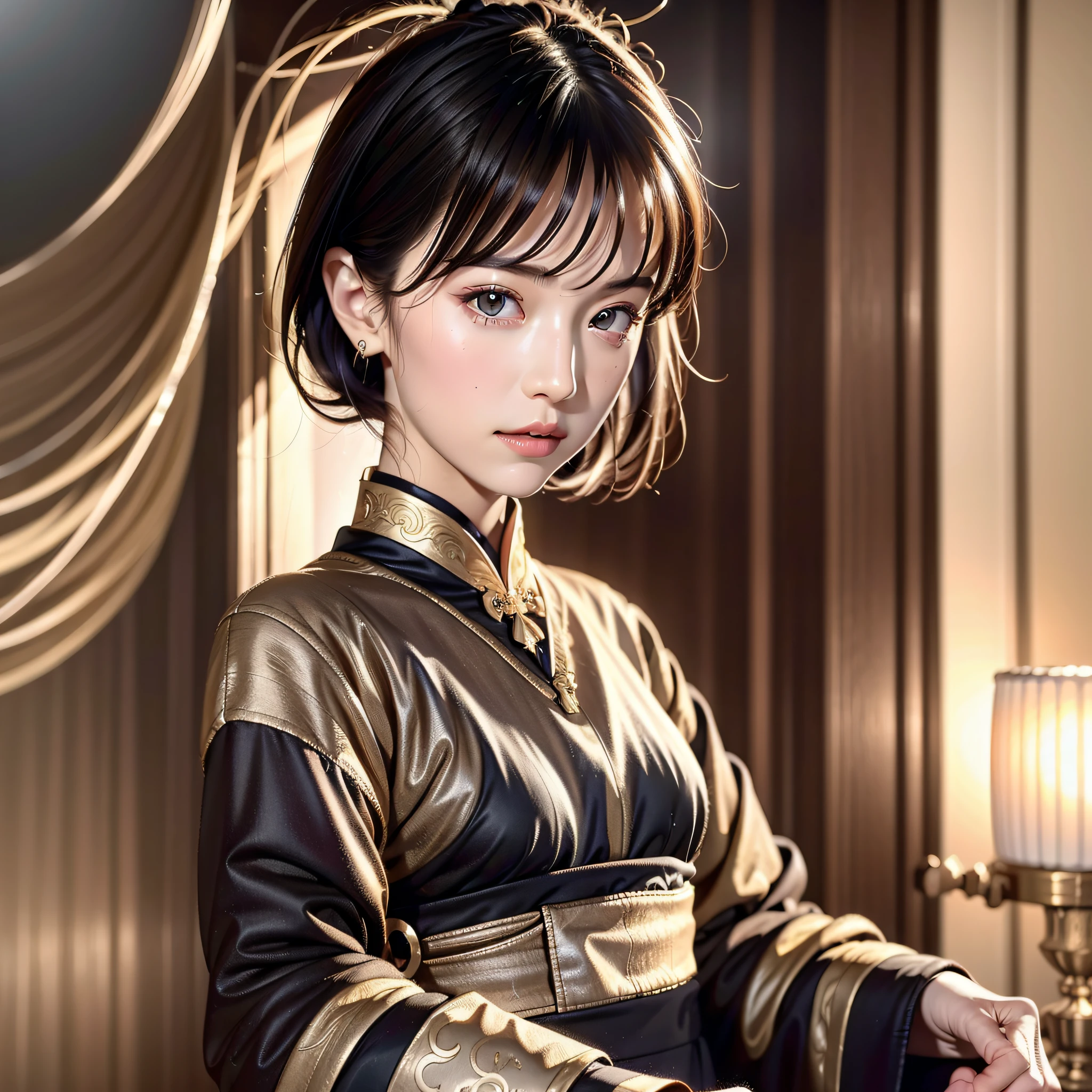A Chinese girl 18 years old Beautiful eyes, real skin, delicate face, full body picture, hanfu, clothing details, skin details, slim body, delicate and delicate, short hair, black hair, blunt bangs ,beauty, best quality, super detailed, masterpiece, fine detail, high resolution, 8k wallpaper, realistic details, skin details, super detailed, high resolution, extremely detailed, cinematic lighting texture, beautiful, perfect, hd