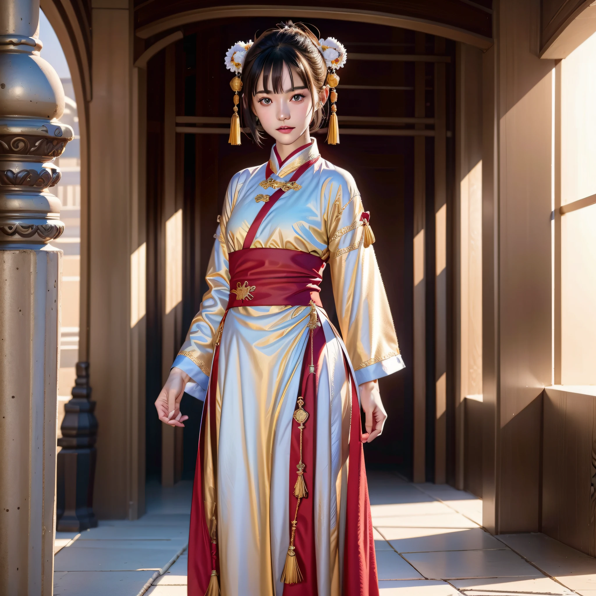 A Chinese girl 18 years old Beautiful eyes, real skin, delicate face, full body picture, hanfu, clothing details, skin details, slim body, delicate and delicate, short hair, black hair, blunt bangs ,beauty, best quality, super detailed, masterpiece, fine detail, high resolution, 8k wallpaper, realistic details, skin details, super detailed, high resolution, extremely detailed, cinematic lighting texture, beautiful, perfect, hd