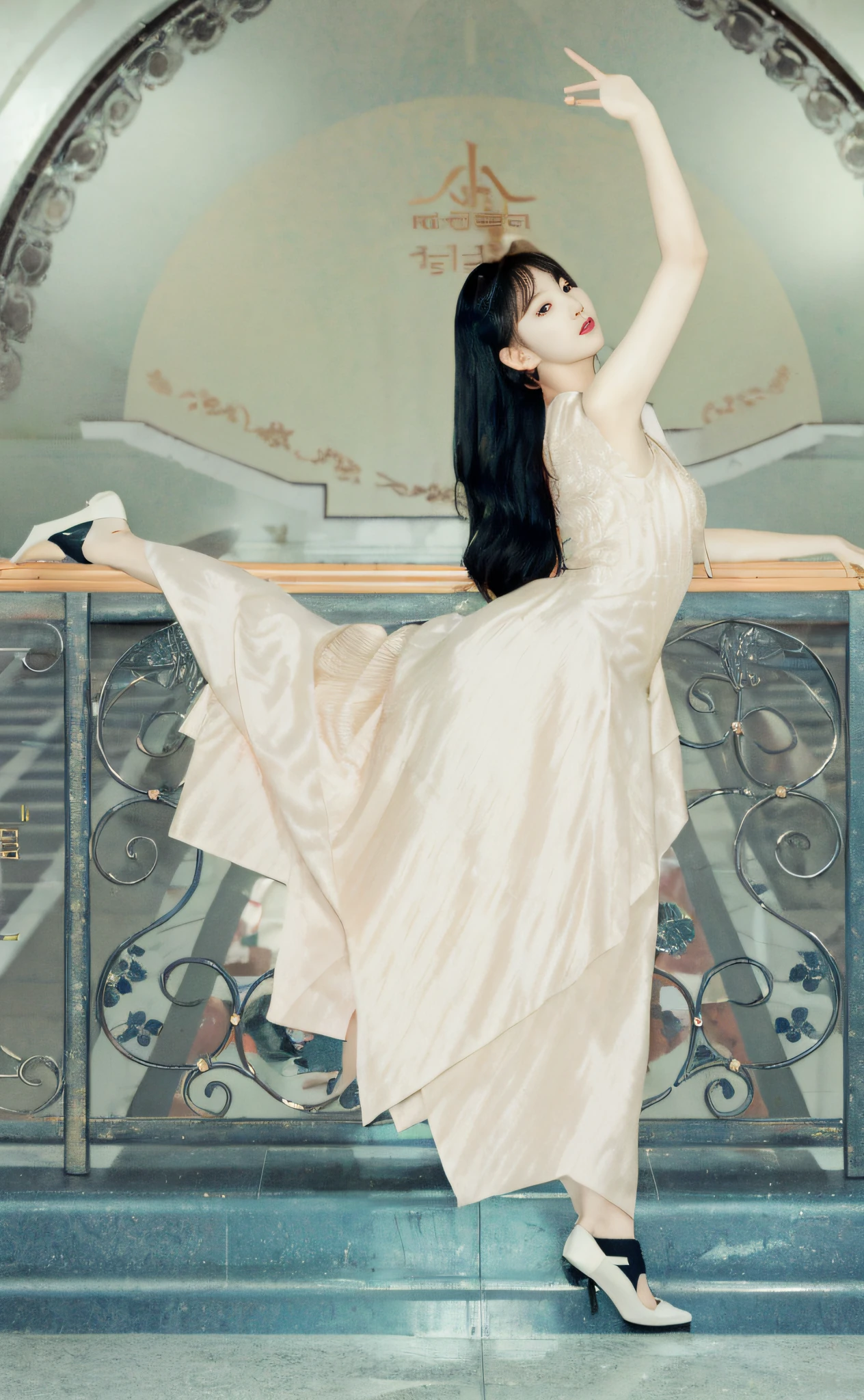 arafed woman in a dress is posing on a railing, bae suzy, heonhwa choe, ji-min, full body xianxia, park ji-min, jiyun chae, magazine photo, lee ji - eun, seseon yoon, lee ji-eun, sun yunjoo, taejune kim, girl graceful, promo art