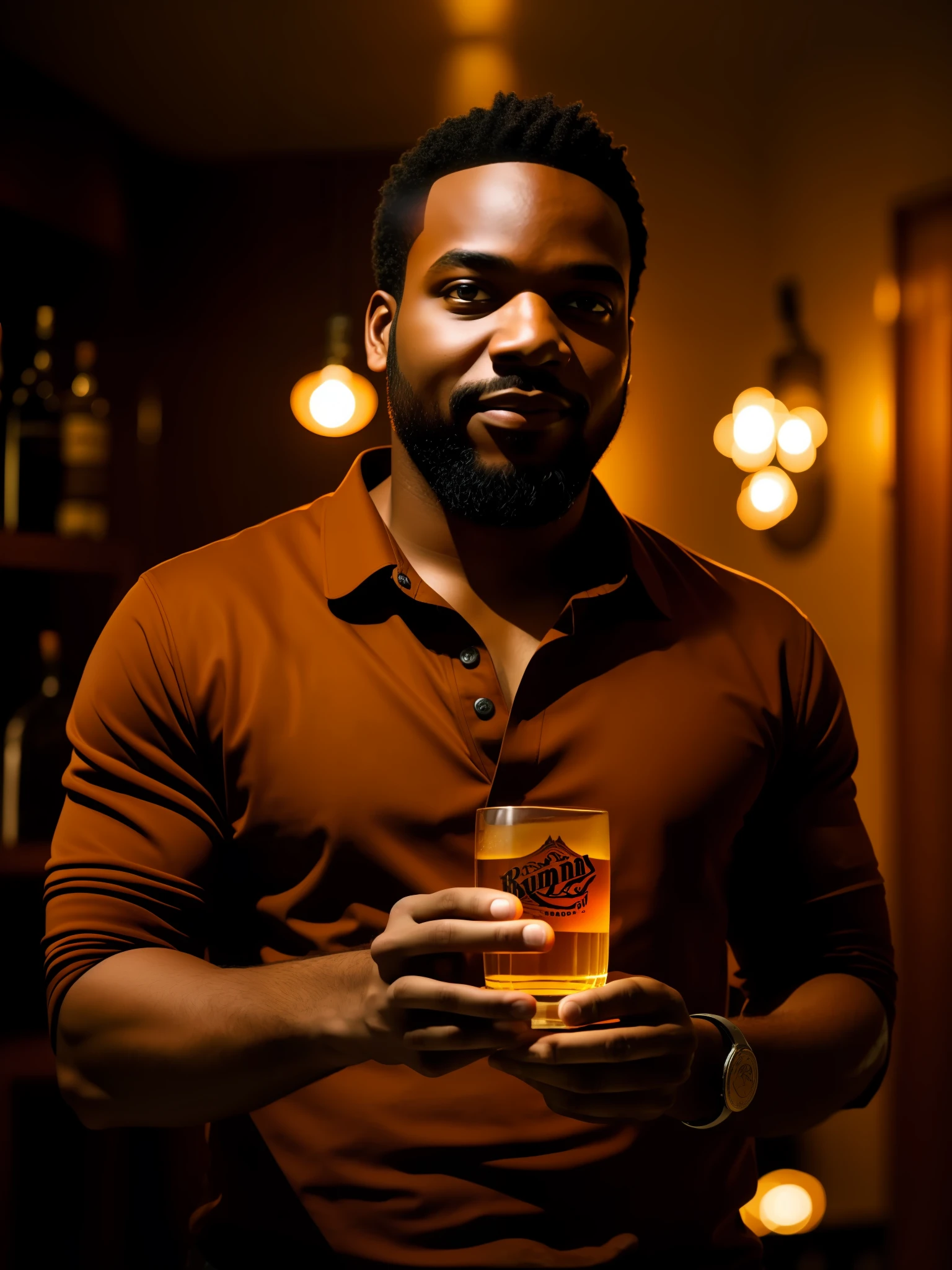 A man holding rum with one hand with brownish lit room , realistic