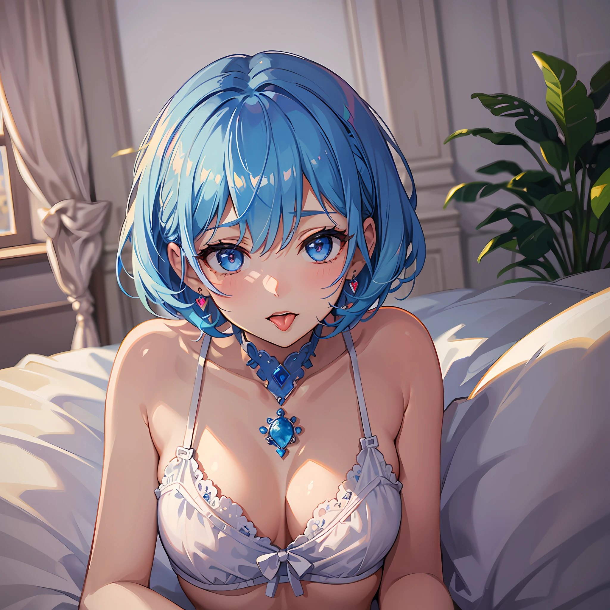 (((Masterpiece)))), (Best Quality))), Hi-Res, Lying down, ((Cute 1 Girl))), Solo, , White Skin, Small, Octocrad, (Light blue hair), ((Very short hair)), Crisp bangs, Beautiful hair, Blue eyes, Beautiful detail eyes, ((sticking out tongue)), Blushing, Wink, Heart, (Shouldered clothing), Bikini, Earrings, Bed, White room, Morning, Shadow lighting,