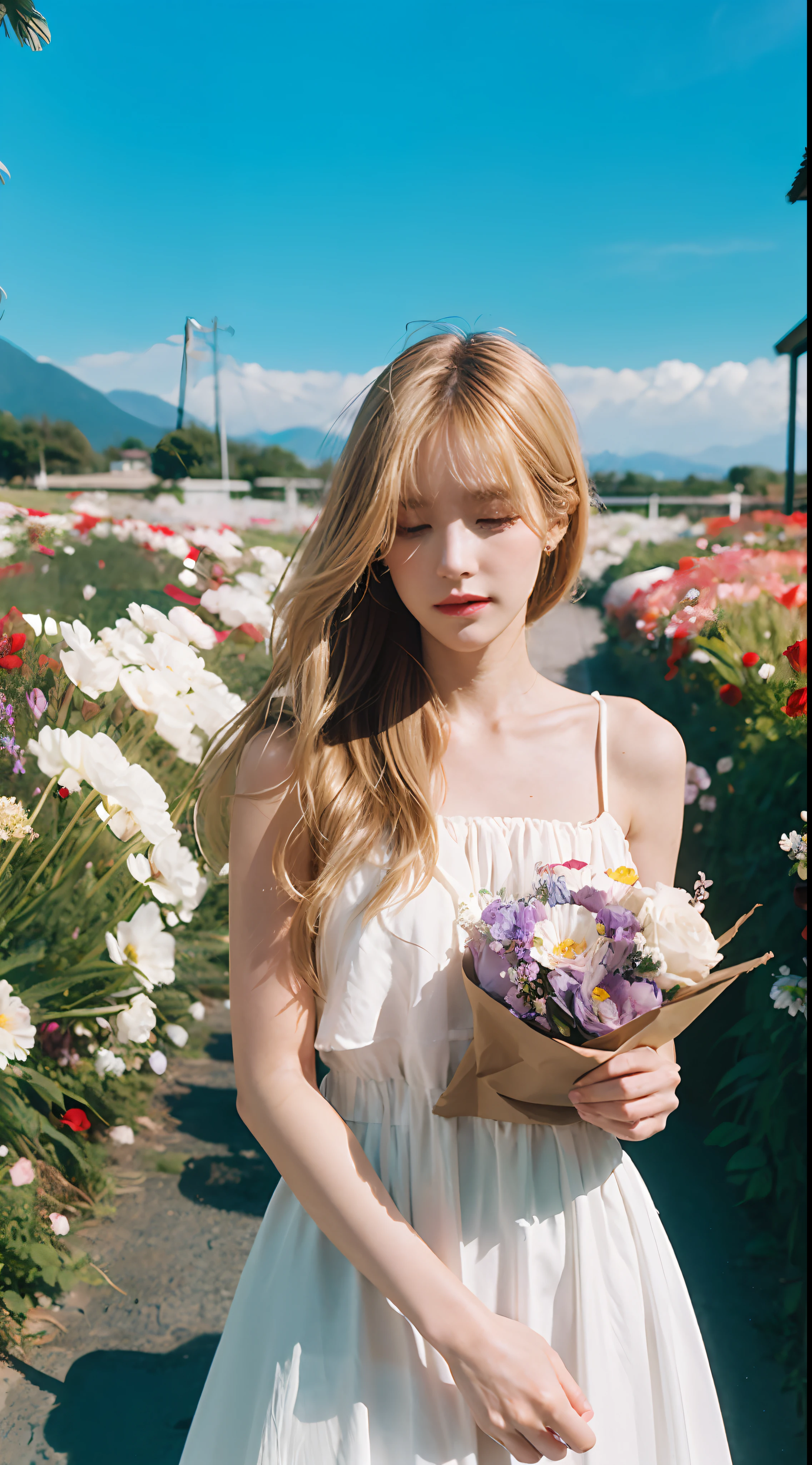 Poetic shots, hazy light and shadow, aestheticism, melancholic film, 1 girl, blonde hair, hair of many colors, emotional depth, white dress, flowers, flower fields, roses, blooming, looking at the camera, being in a sea of flowers