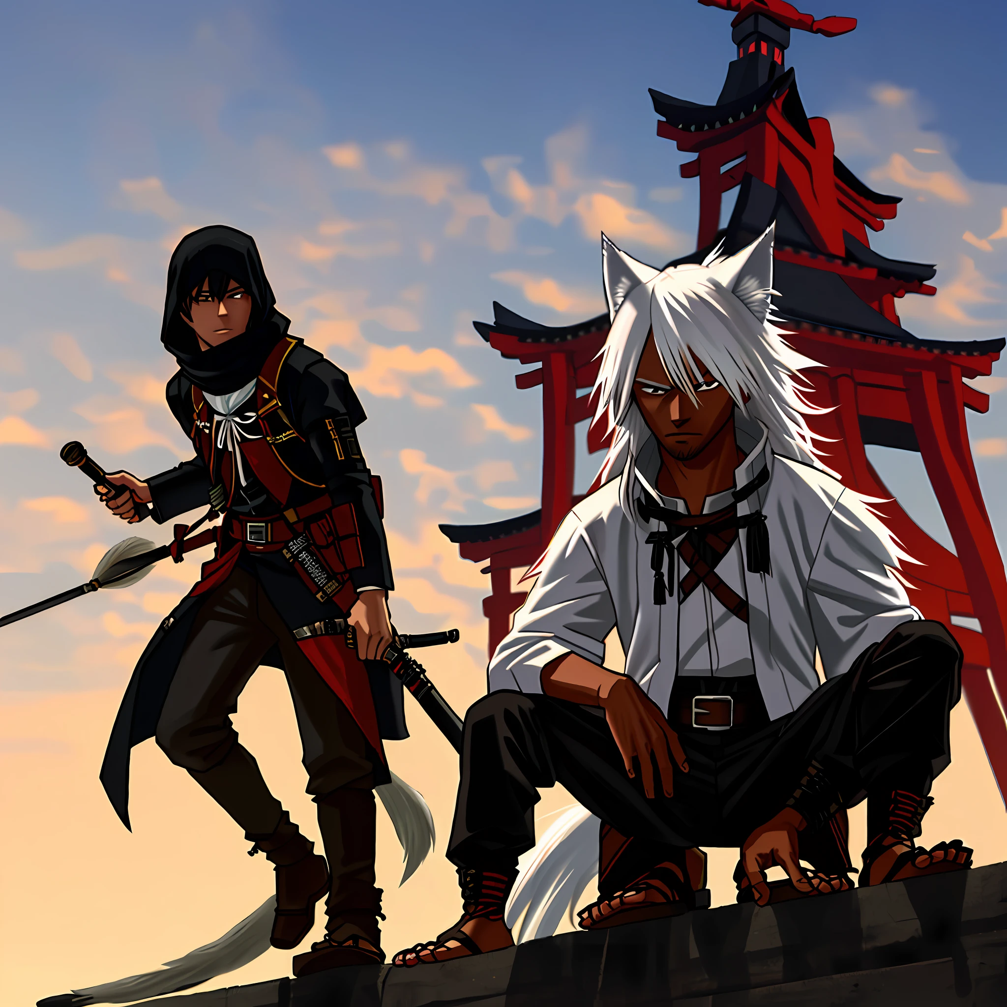 A man, 25, long hair, white hair, wolf's ears, wolf rod, blackness skin color, black eyes, closed-toe clothing, assassin clothing in Tokyo