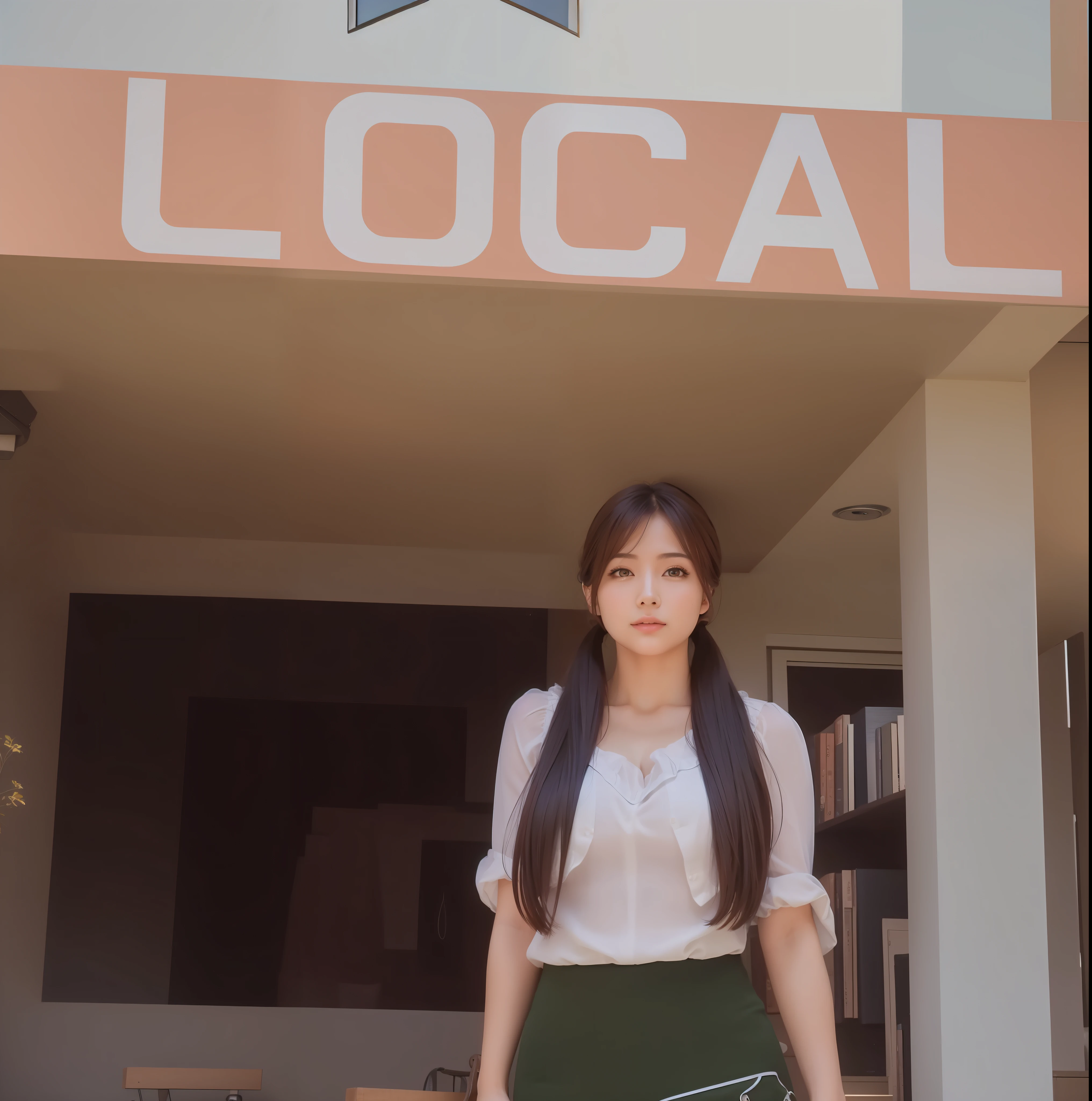masterpiece, best quality,(realistic, photo-realistic:1.37), Suyu, 1girl, breasts, solo, cleavage, looking at viewer, brown hair, ponytail,full shot,expand photo,standing up