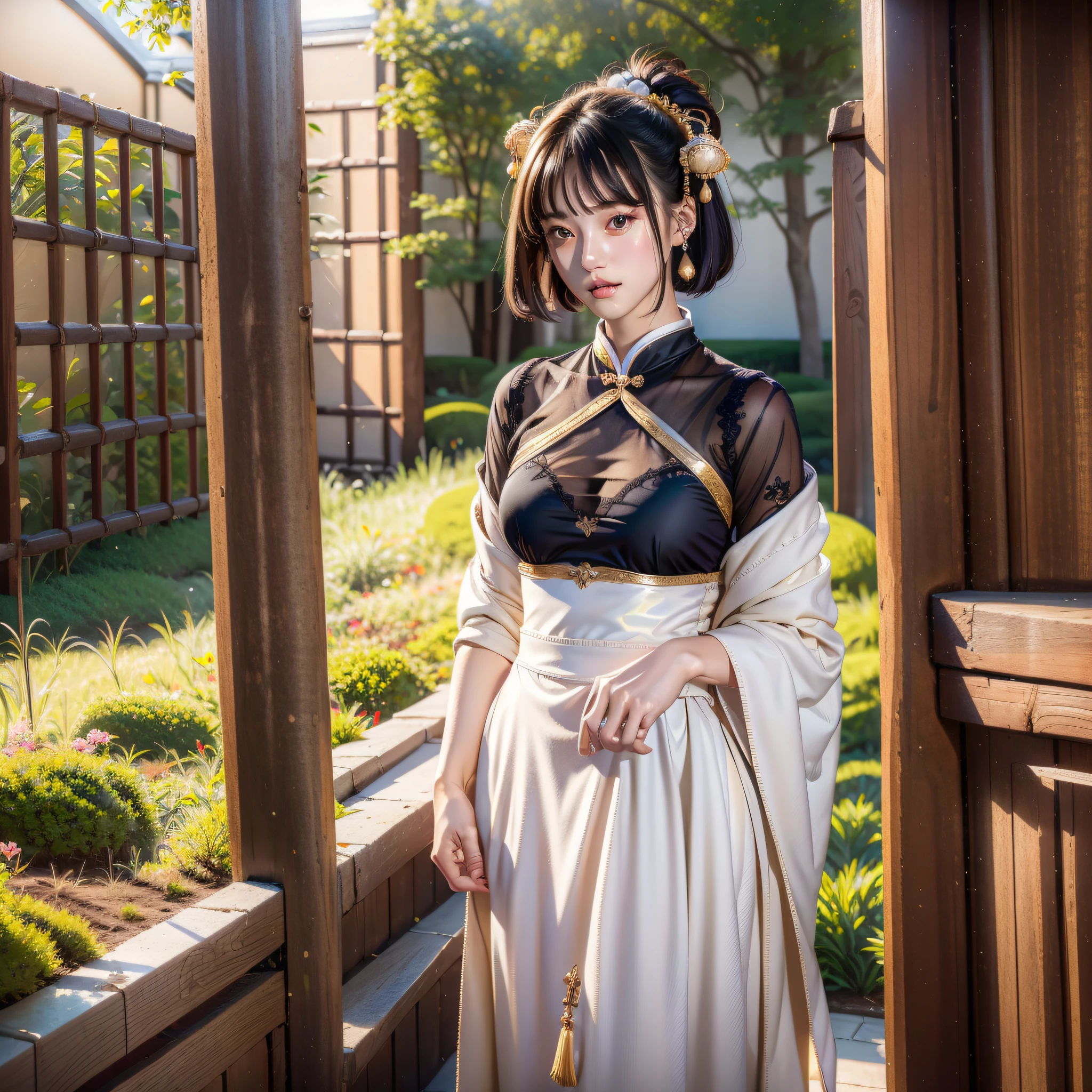 A Chinese girl 18 years old Beautiful eyes, real skin, delicate face, full body picture, hanfu, clothing details, skin details, slim body, delicate and delicate, short hair, black hair, blunt bangs ,beauty, best quality, super detailed, masterpiece, fine detail, high resolution, 8k wallpaper, realistic details, skin details, super detailed, high resolution, extremely detailed, cinematic lighting texture, beautiful, perfect, hd