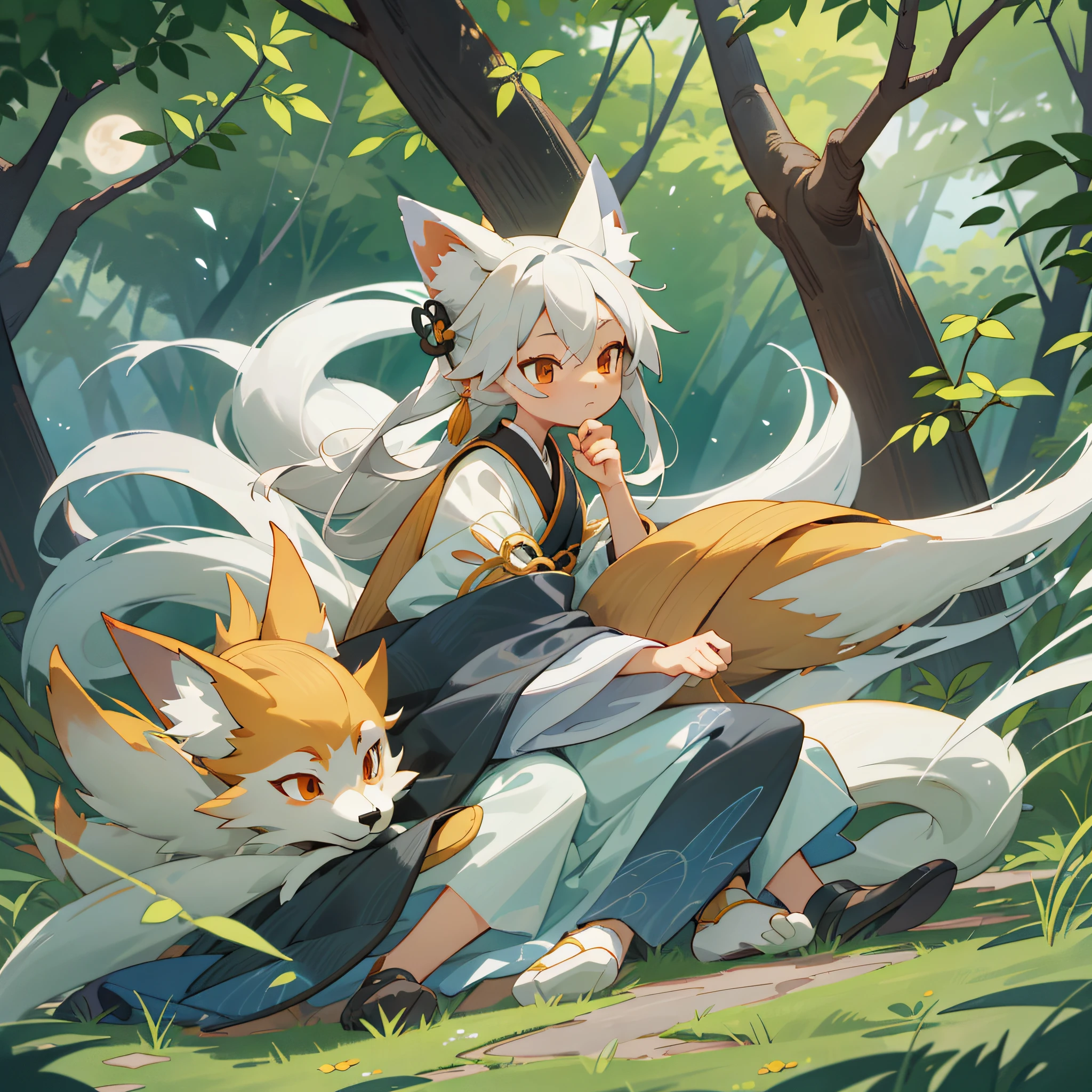 The background is a super big moon, a fox with white hair sitting on a branch under the stars, a little boy, an ethereal fox, a nine-tailed fox, a dreamy, a thousand-year-old fox demon, Onmyoji detailed art, nine tails, beautiful artwork illustrations, mythical creatures, foxes, beautiful digital works of art,