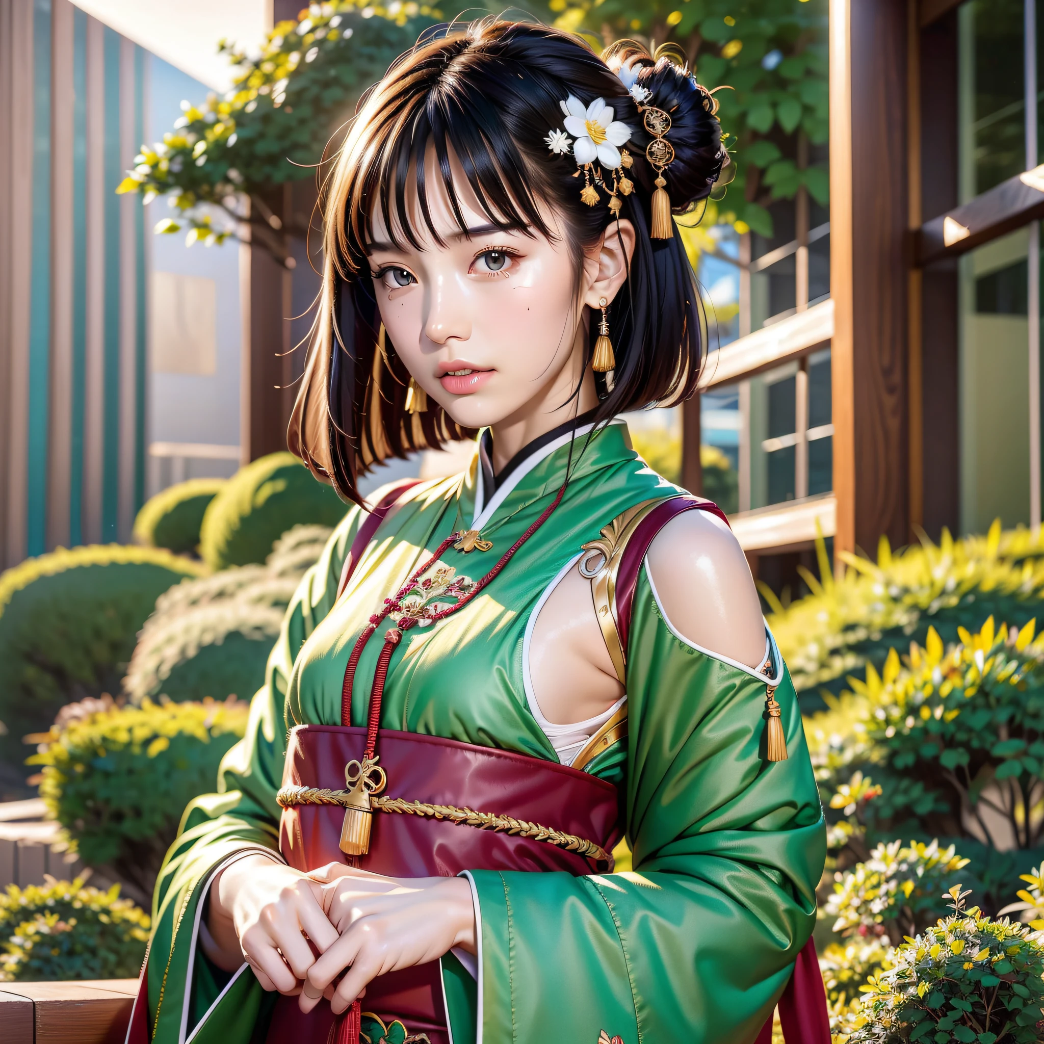 A Chinese girl 18 years old Beautiful eyes, real skin, delicate face, full body picture, hanfu, clothing details, skin details, slim body, delicate and delicate, short hair, black hair, blunt bangs ,beauty, best quality, super detailed, masterpiece, fine detail, high resolution, 8k wallpaper, realistic details, skin details, super detailed, high resolution, extremely detailed, cinematic lighting texture, beautiful, perfect, hd
