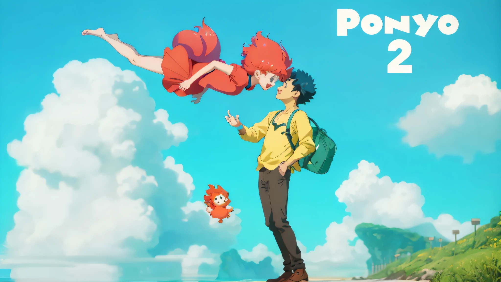 arafed image of a man and a woman standing on a beach with a pony, ponyo hayao mitazaki, 2 0 2 0 s promotional art, 2022 anime style, 2 0 2 2 anime style, ghibli studio anime style, made with anime painter studio, pokemon anime style, today's featured anime still, official art, official render --auto --s2