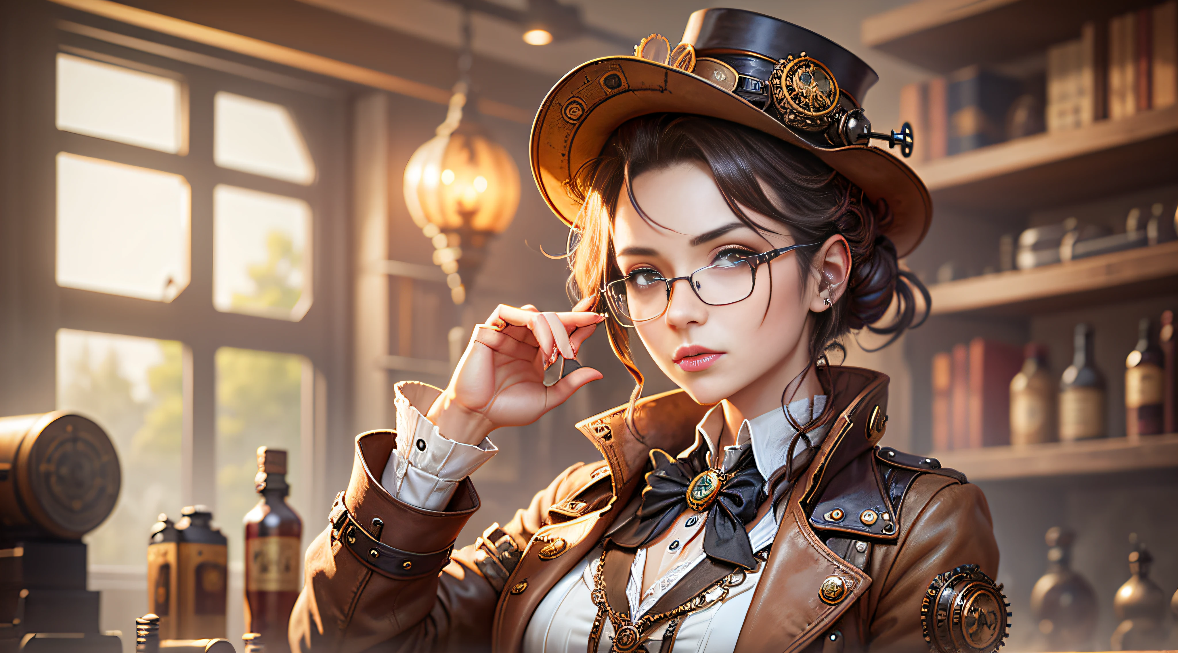 a steampunk styled scientist, young female, --ar 3:2 --auto --s2