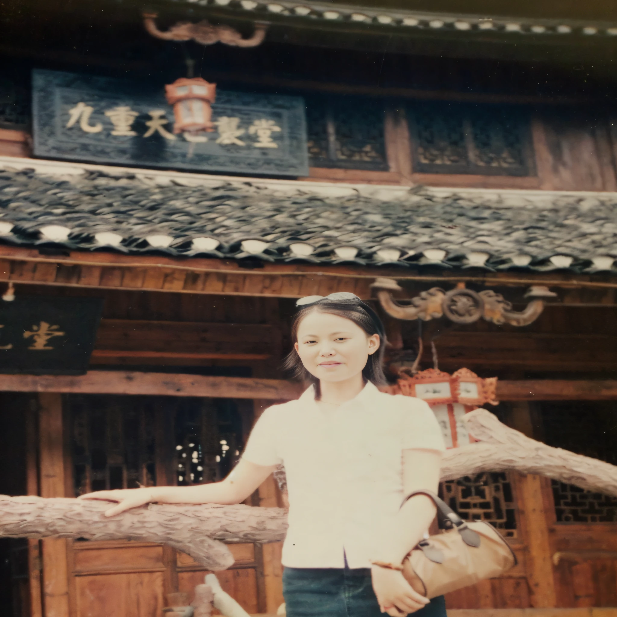 there is a woman standing in front of a building with a bag on her shoulder, with a chinese temple, around 1 , photo 35mm, taken in the late 1980s, in front of a temple, old picture, analogue photo low quality, photo taken in 1989, about 3 5 years old