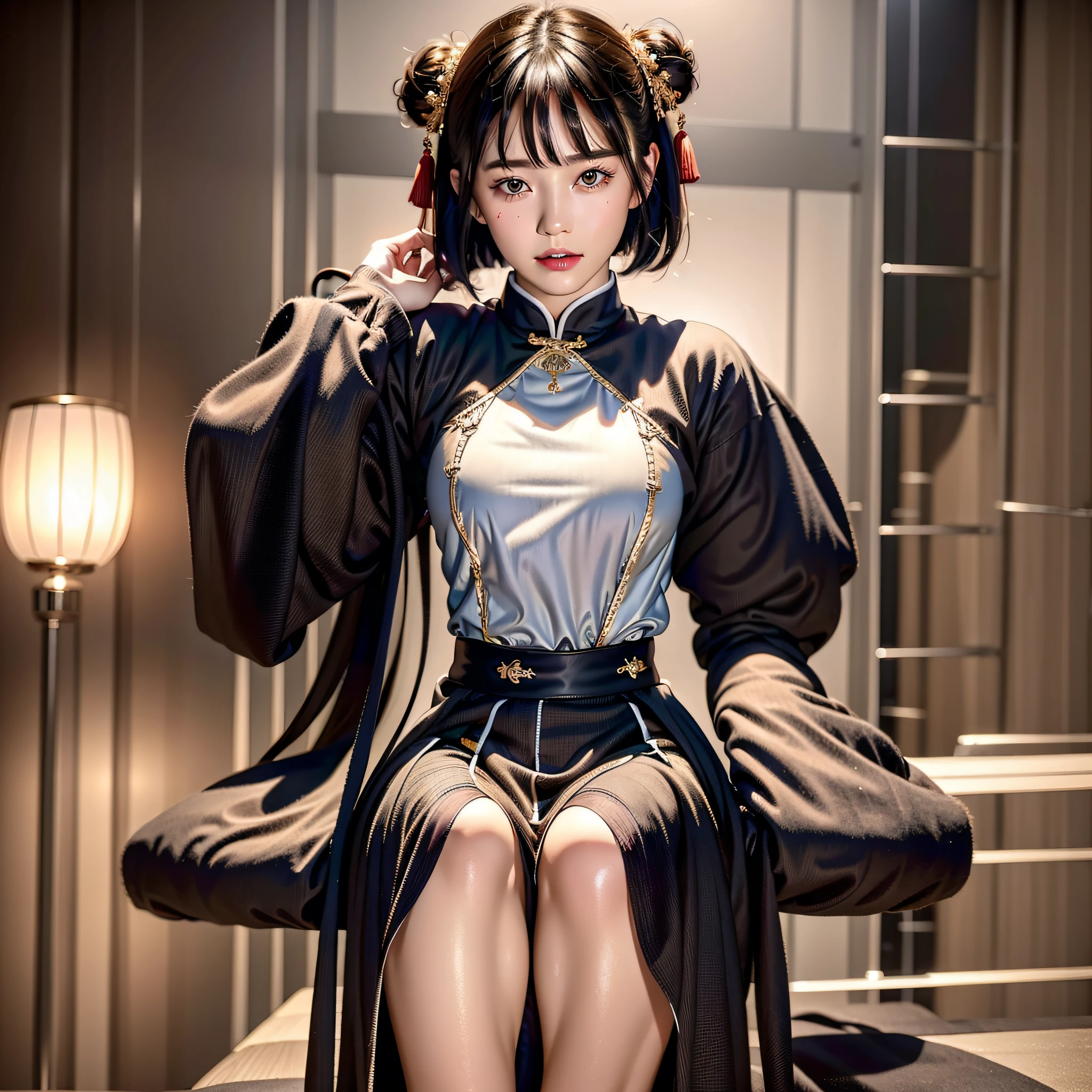 A Chinese girl 18 years old Beautiful eyes, real skin, delicate face, full body picture, long skirt, clothing details, skin details, slim body, delicate and delicate, short hair, black hair, blunt bangs ,beauty, best quality, super detailed, masterpiece, fine detail, high resolution, 8k wallpaper, realistic details, skin details, super detailed, high resolution, extremely detailed, cinematic lighting texture, beautiful, perfect, hd