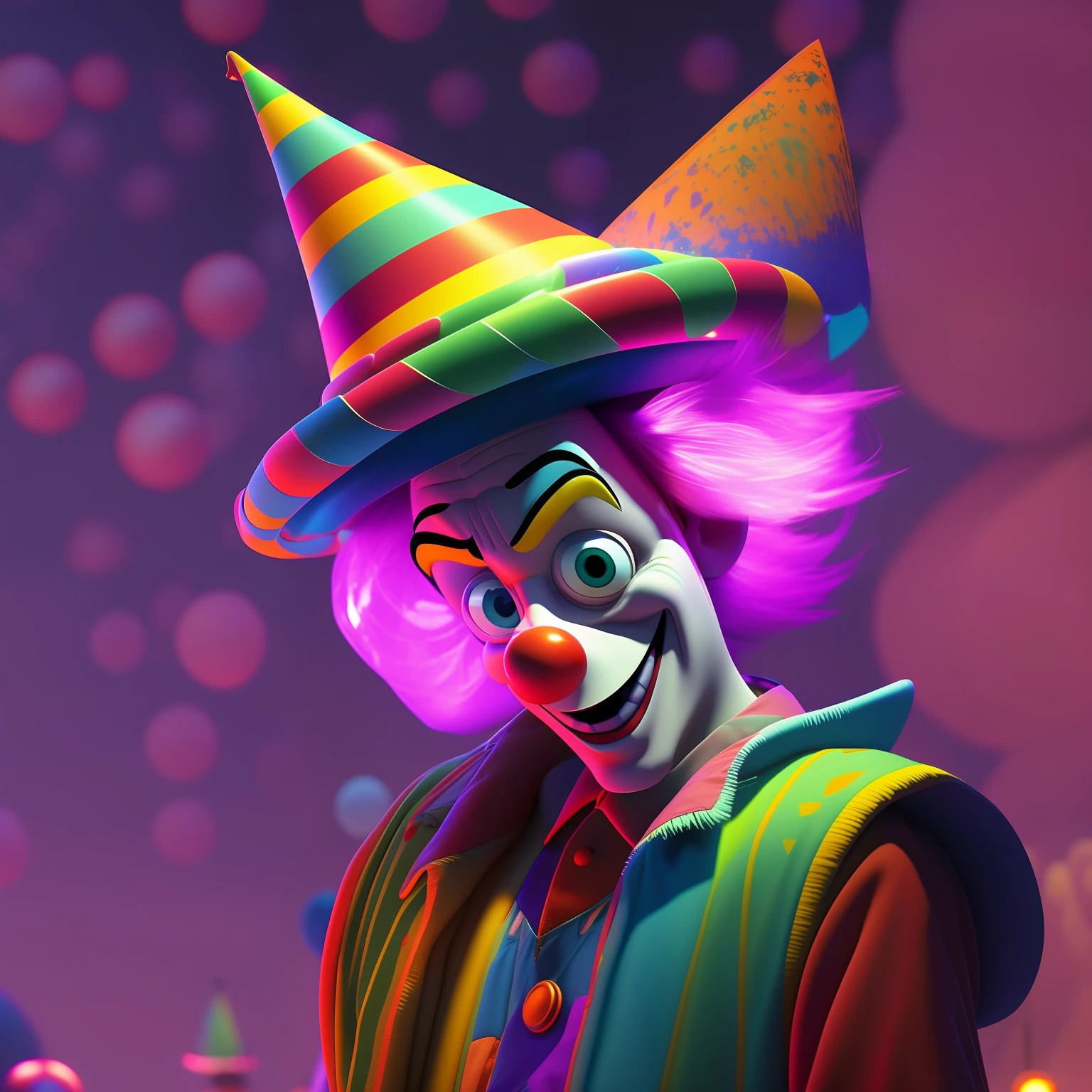 Close-up. Pixar Disney cartoon about a merry clown juggling magic luminous balls. Funny hat, tattered clothes. Pale colors, Pastel moire tone, dark, black fantasy background --auto --s2