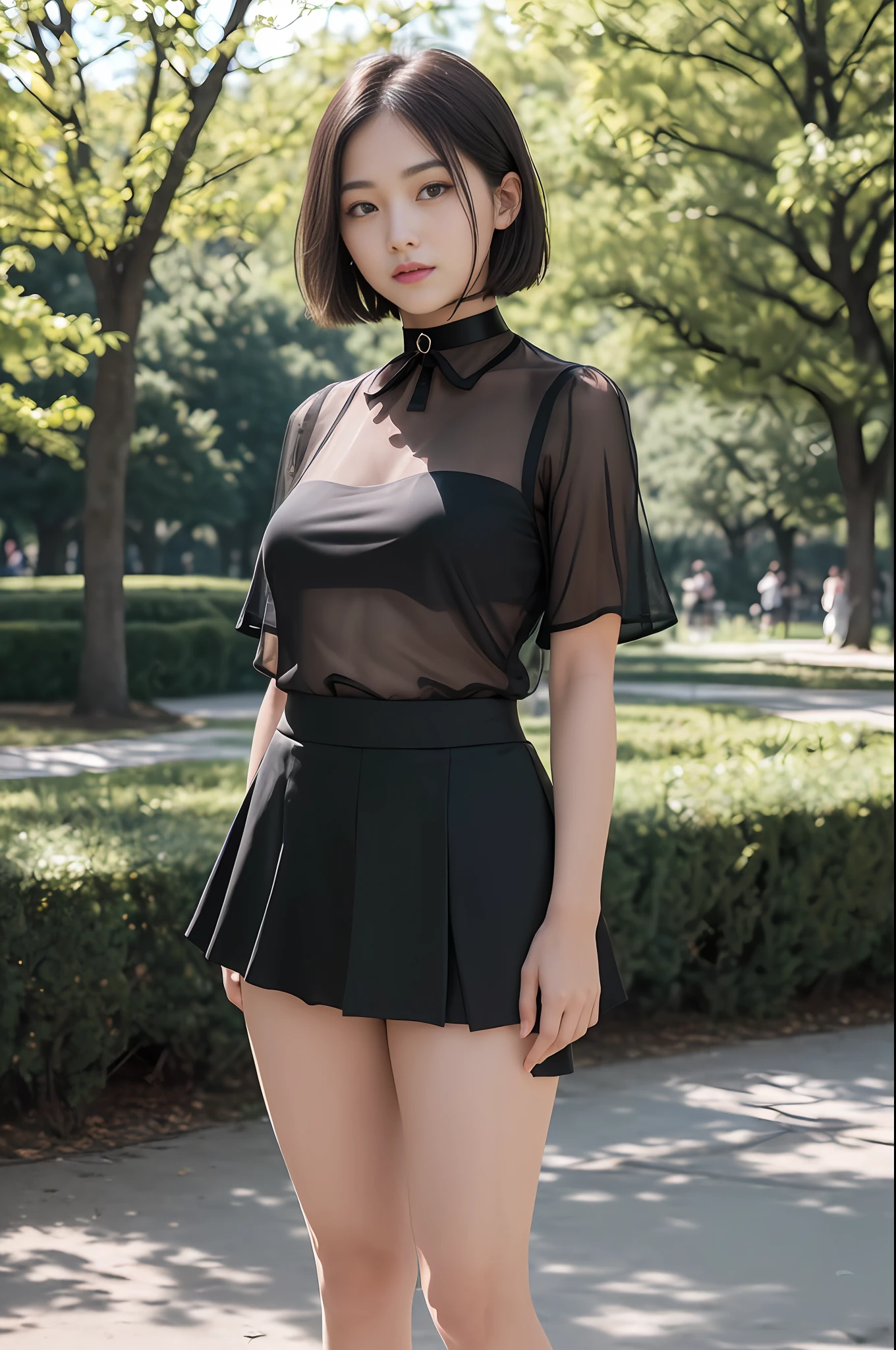 18-year-old woman, long-haired, RAW photos, bokeh (realism: 1.4, realistic), high-definition CG unified 8K wallpaper, 1girl, (((slim body: 1)), (plump breasts), back to the viewer, ((direct view from the front)), (HQ skin: 1.4), 8k UHD, DSLR, soft light, high quality, film grain, fujifilm XT3, ((uniform, short skirt, Choker, see-through shirt: 1.5)), ((outdoors, in the park))) Changju, portrait, ((layered short haircut, black hire)), (viewer: 1.4), (full body: 1.8)