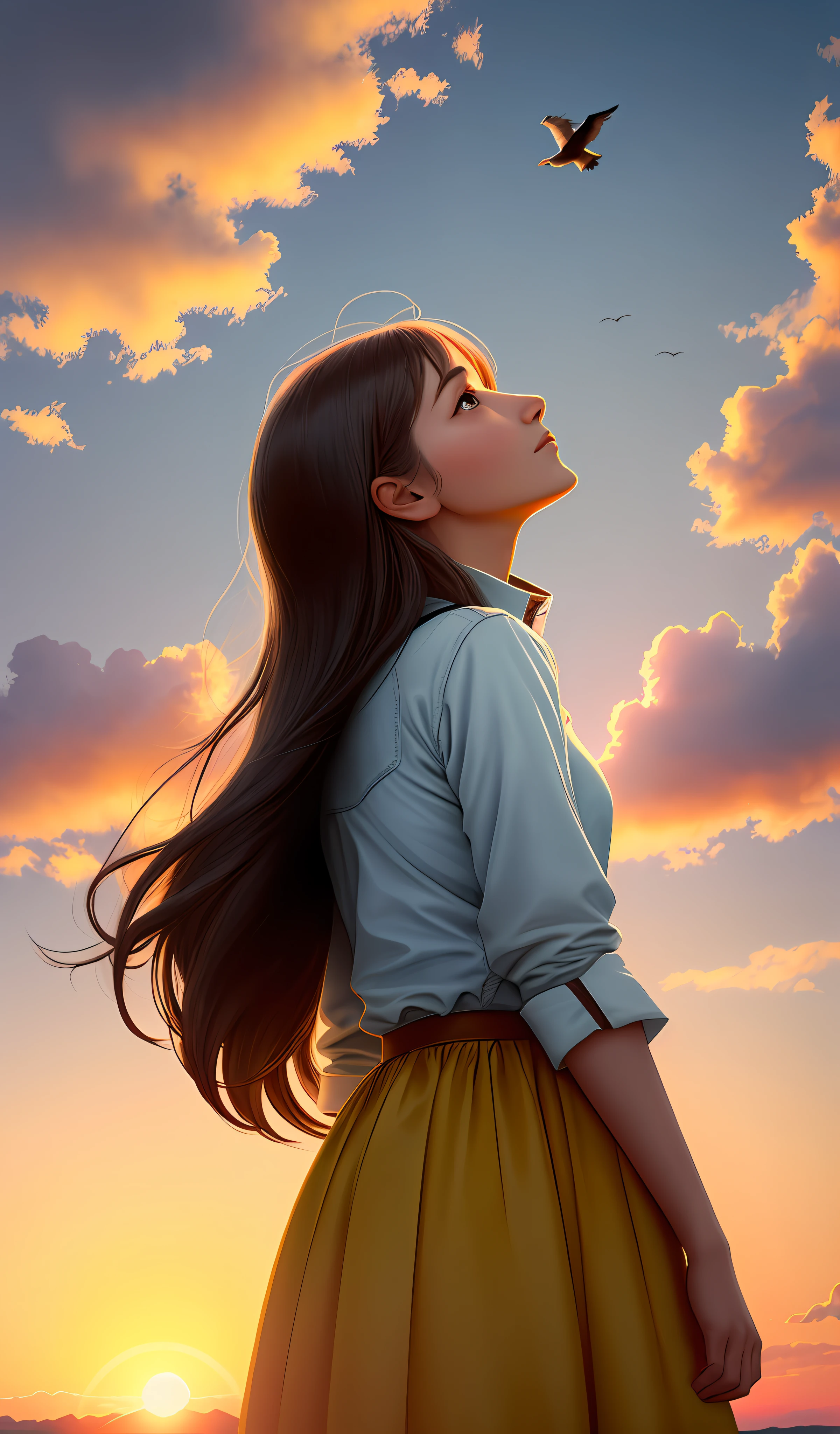 a woman looking up at the sky, with sunsets, birds, yellow clouds