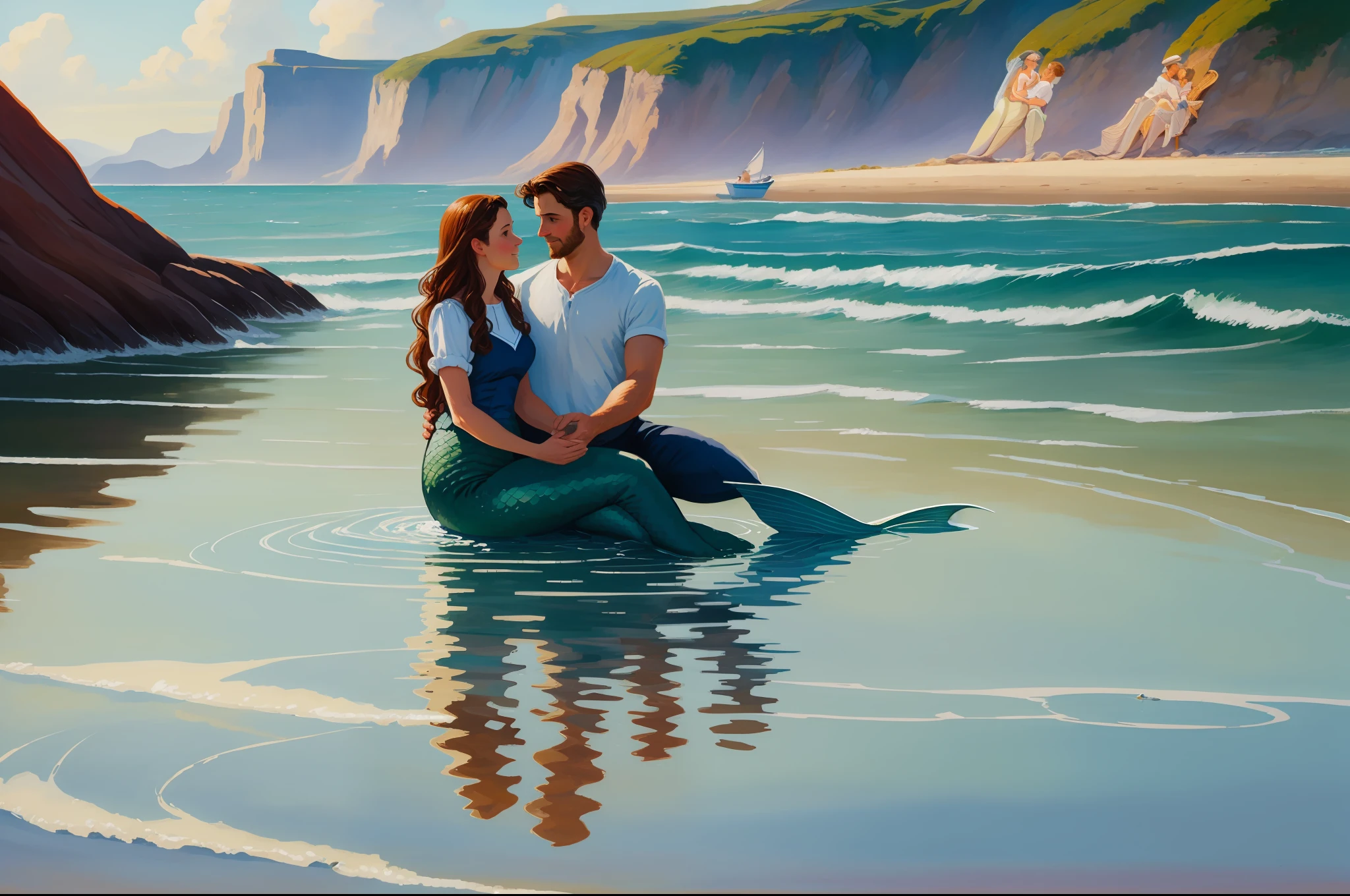 Mermaid in fisherman's lap, seaside, impressionism, capturing light and atmosphere, loose brushwork, outdoor painting, natural scenes, color harmonies, soil, human, above water, expansive horizon, reflections, serene atmosphere, sunlit ripples, heroic scene