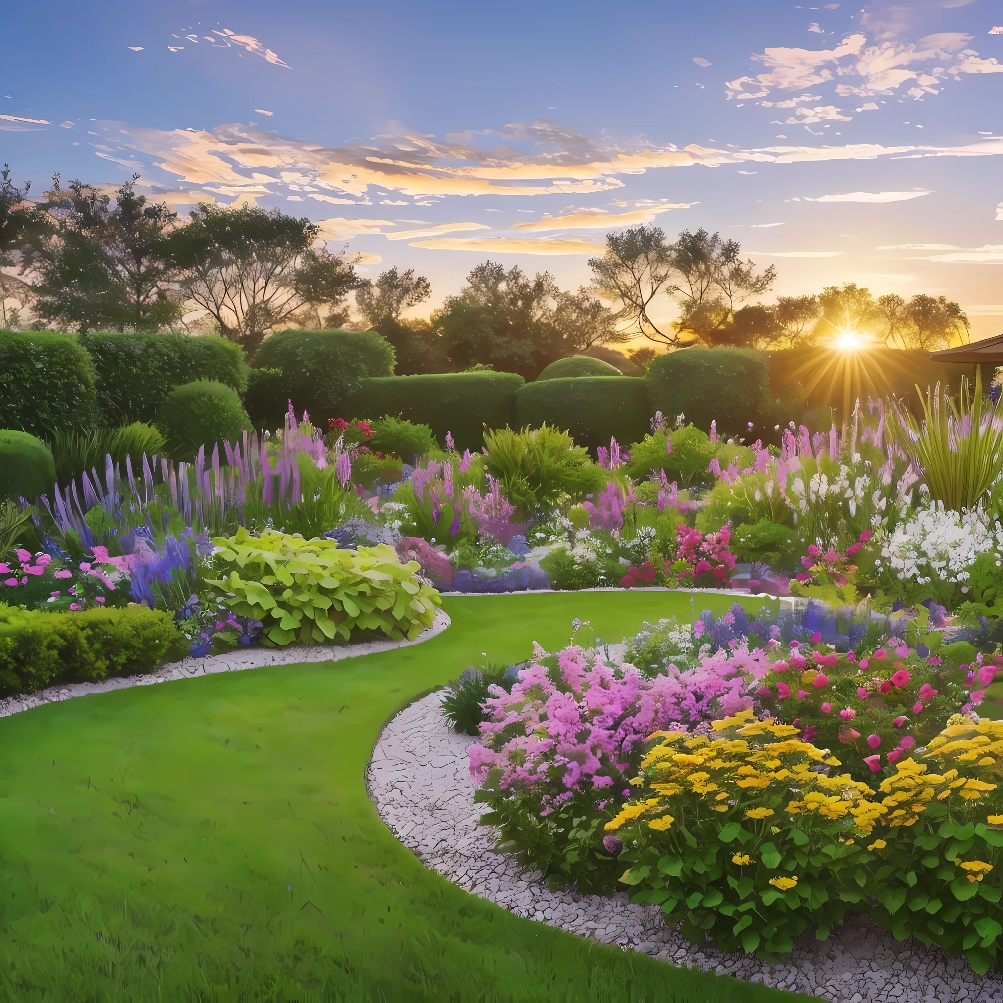 Modern garden, beautiful, sunset, wide angle, heads-up --auto --s2