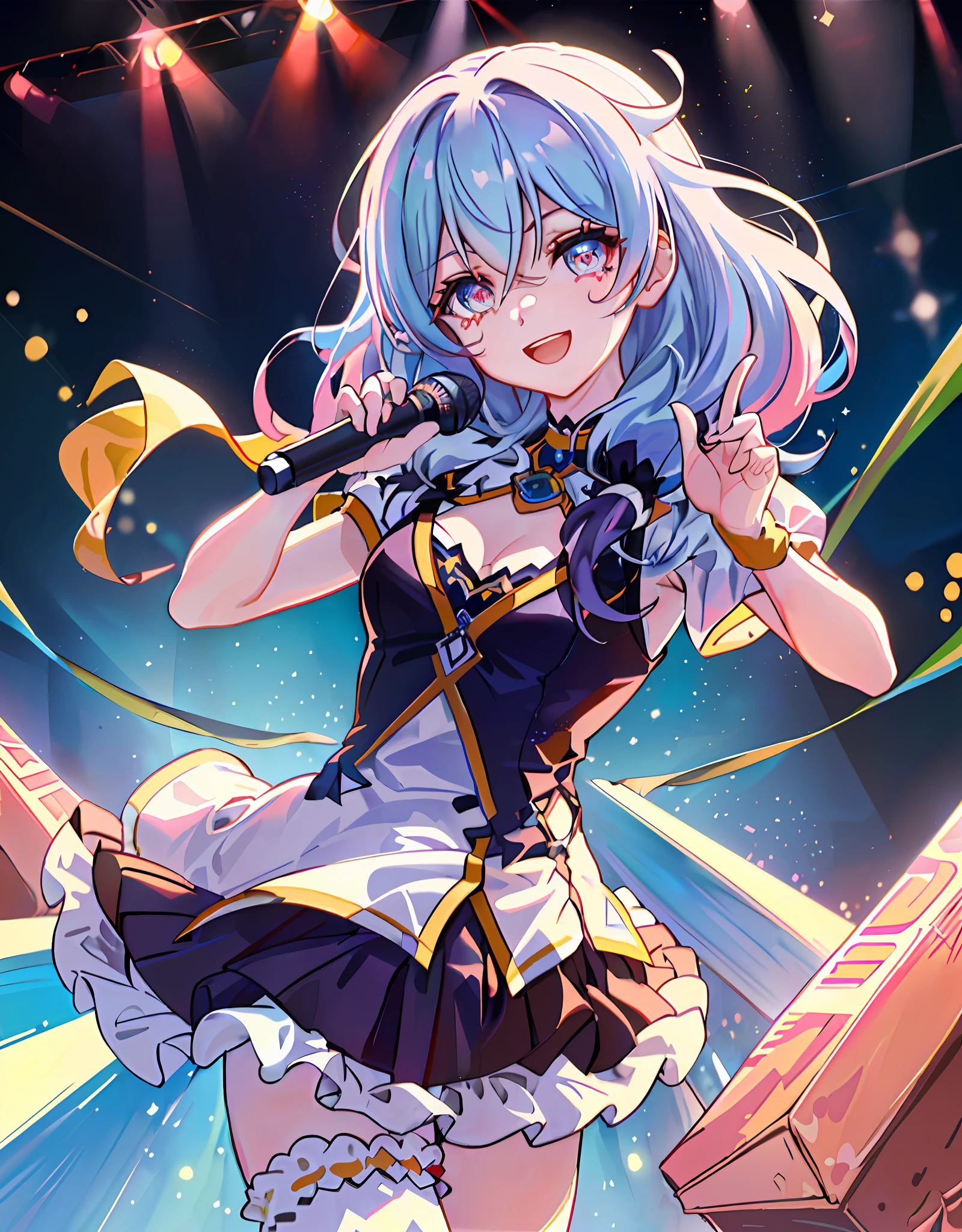 Thick paint: 2, 8k, masterpiece, dynamic angle, upper body, ((Detailed eyes and detailed face: 1.2))))), (((Perfect human hand, super perfect too human 5 fingers))), ((Perfect human foot)), Upper body, 2 girls, Smile, Wolf ears, Wolf tail, Pink eyes, hair between eyes, (Wink)))), D cup, cleavage, striped hair, (Colorful hair colors:1))), ((Random hair color: 1)))), variegated hairstyles: 1, twin tails, ultra-detailed gradient hair, ((T-shirt with kagenari letters)))), ruffled dresses, love live, jewels, best stage, climax, professional stage, ((((Perfect singer holding the microphone with left hand and singing emotionally, perfect singer, shout: 1.2, overflowing emotions, Best smile))), Singer, Vocalist: 1, Idol, Diva, Professional Stage, Professional Lighting, Live Lighting, Distract the Gaze, Fan Service: 1, ((Singing on the stage of the AI spaceship (background, AI spaceship: 1.2)))), ((Singing on the stage of the AI spaceship: 1.2)), (Panchira, cute panties)), full audience