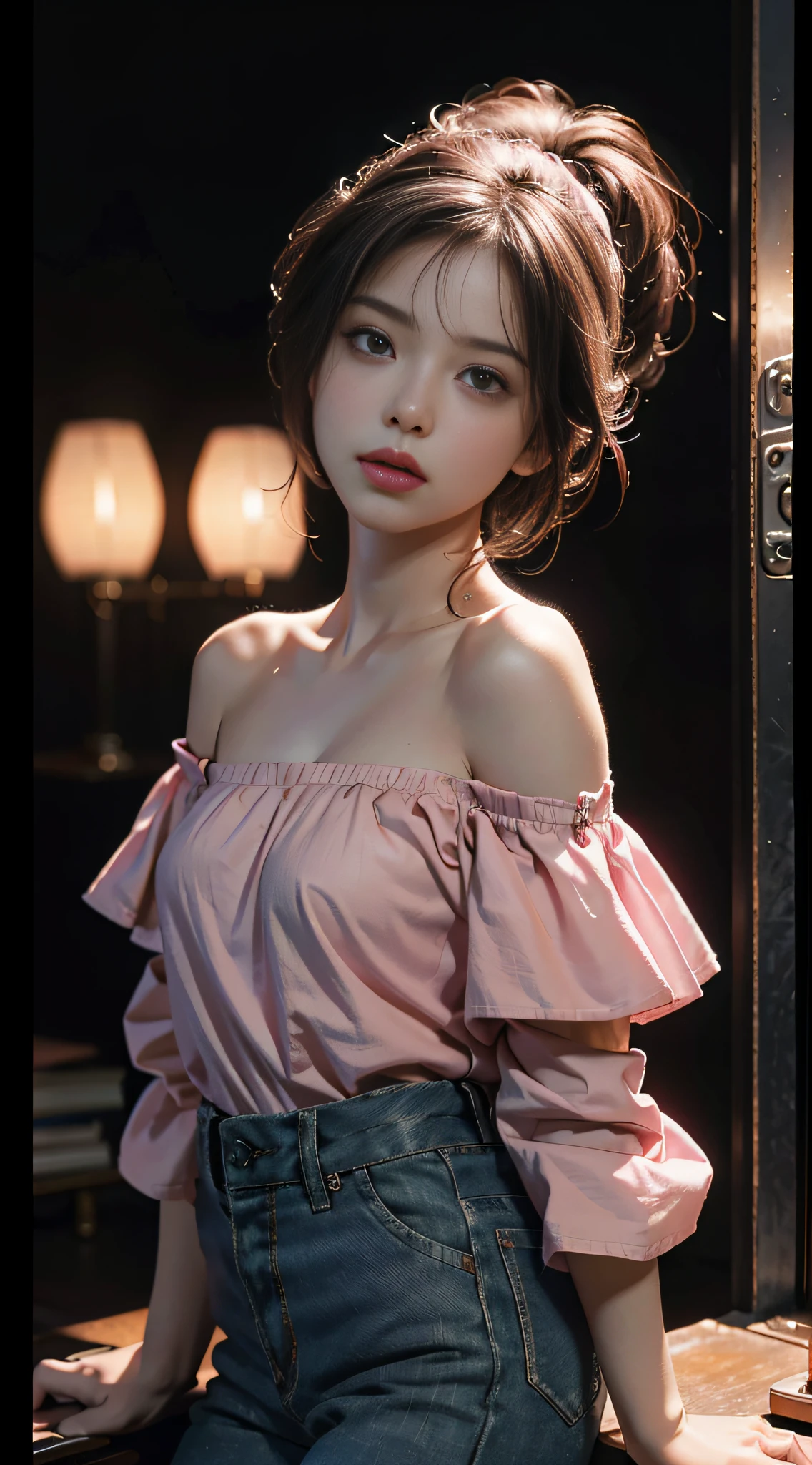 Best Quality, Masterpiece, Ultra High Resolution, (Realisticity: 1.4), Original Photo, 1girl, Pink Off-the-Shoulder, Cinematic Lighting