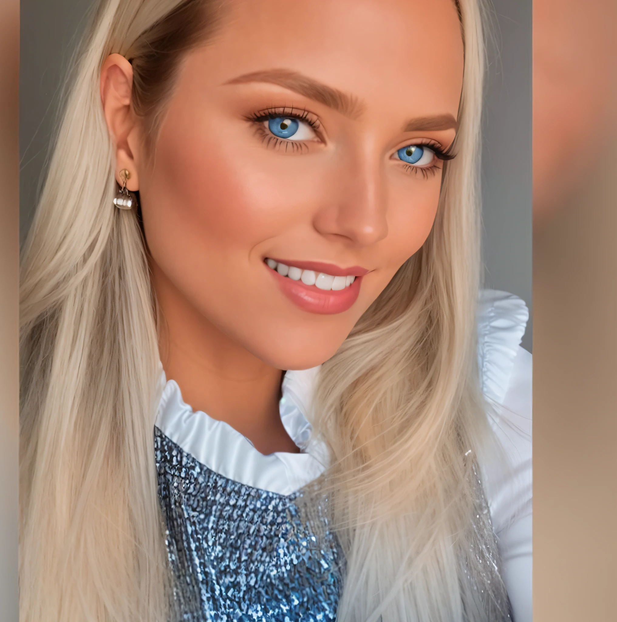 Blue-eyed blonde woman and futuristic metallic blouse for camera Headshot profile picture