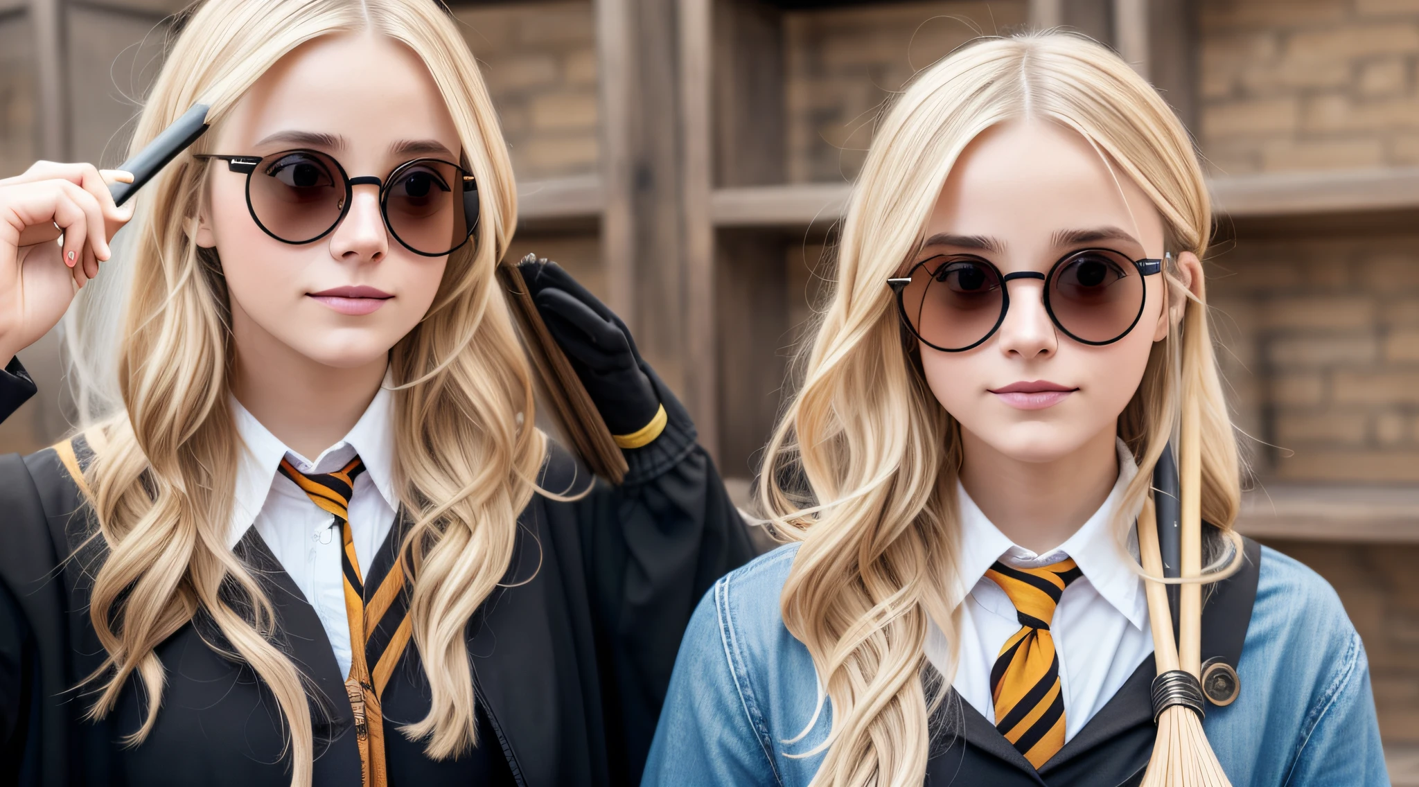 blond girl with sunglasses holding a broom and a broomstick, broomstick, girl wearing round glasses, wearing big black circle glasses, round glasses potter, girl with glasses, sweeping wild blonde hair, with sunglass, round black glasses, wearing round glasses, circular glasses, round goggles, funny sunglasses, hair over her eyes, photoshoot, she wears harry potter glasses --auto --s2