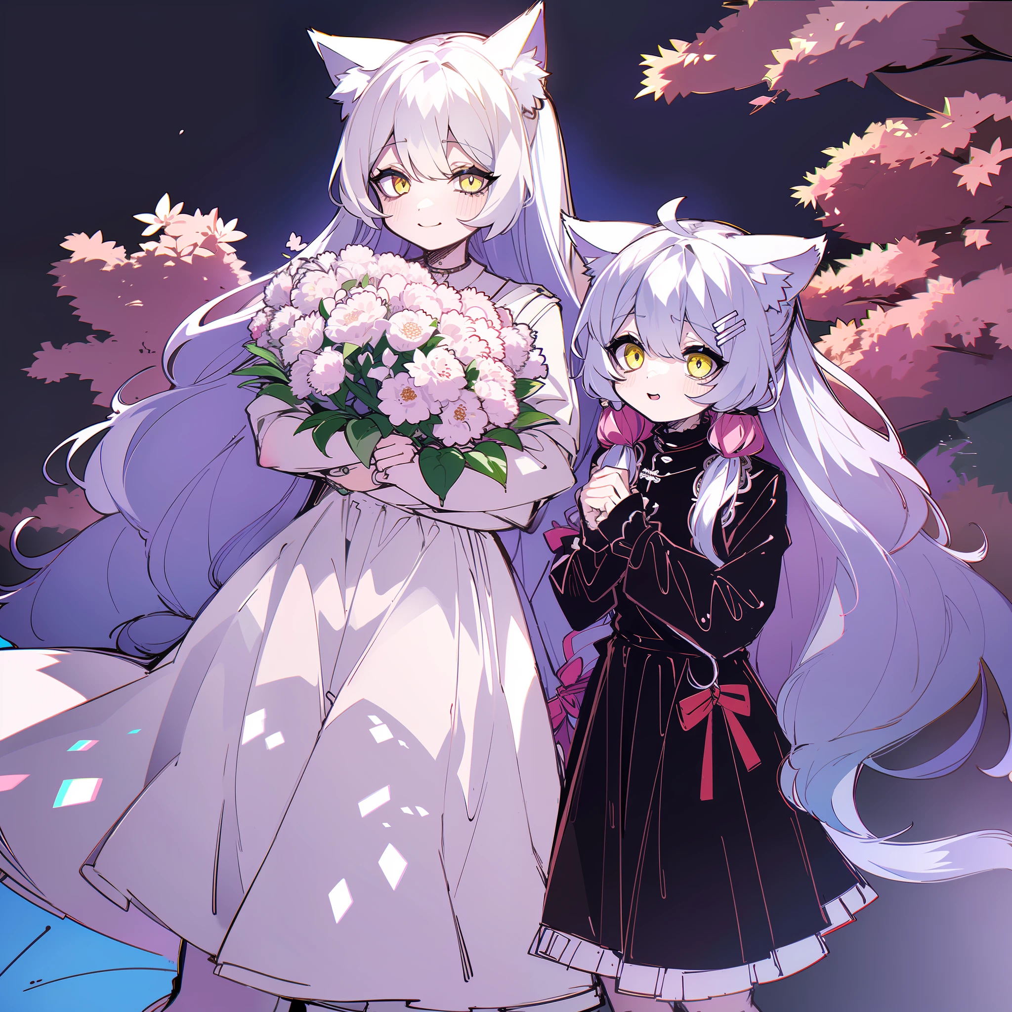 anime girl with long hair and big eyes holding a bouquet, white cat girl, beautiful anime catgirl, very beautiful anime cat girl, cute anime catgirl, white ( cat ) girl, digital art on pixiv, anime catgirl, pixiv style, anime girl with cat ears, nightcore, pixiv, zerochan art, anime style 4 k
