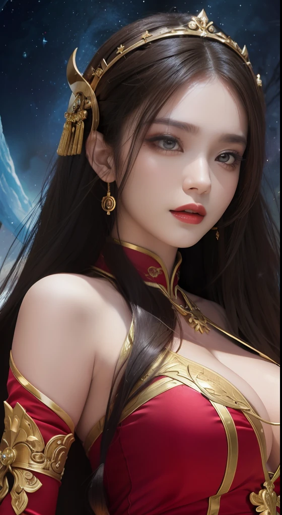 1 goddess of the zodiac from the future, wear the ao dai of the goddess of the zodiac to cover her chest, the goddess of the zodiac wears a bright yellow gold bodice, the goddess radiates a bright pink purple zodiac aura, the stars have the shape of the 12 zodiac signs, the goddess of the zodiac wearing a golden zodiac ao dai with many black details, the mythical goddess of the 12 zodiacs from the future, Zodiac sign ♏, zodiac style, dark and mystic version, Plump boobs, Red lips are balanced and very beautiful, character by karol bak and pino daeni, intricate details, detailed background, many object of background, extra highly detailed, magic lighting, a woman, clearly drawn face, beautiful face and symmetry eyes, big round eyes and very beautiful and detailed makeup, distant focus, silk clothing, mystic adornment, upper body portrait, arms loose, Realistic and vivid photo, (stars that make up the zodiac: 1.7), (zodiac sky background and fantasy portal of space and time: 1.8 ), fiction art, RAW images, style fantasy hanfu, long sleeves that cover 2 hands, 2 outstretched arms,