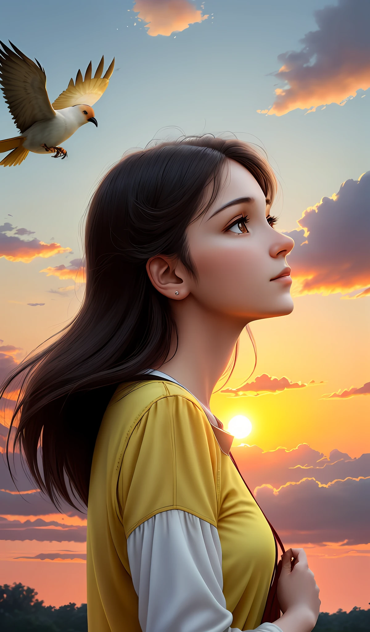 A woman looks up at the sky, there are sunsets, birds, yellow clouds,