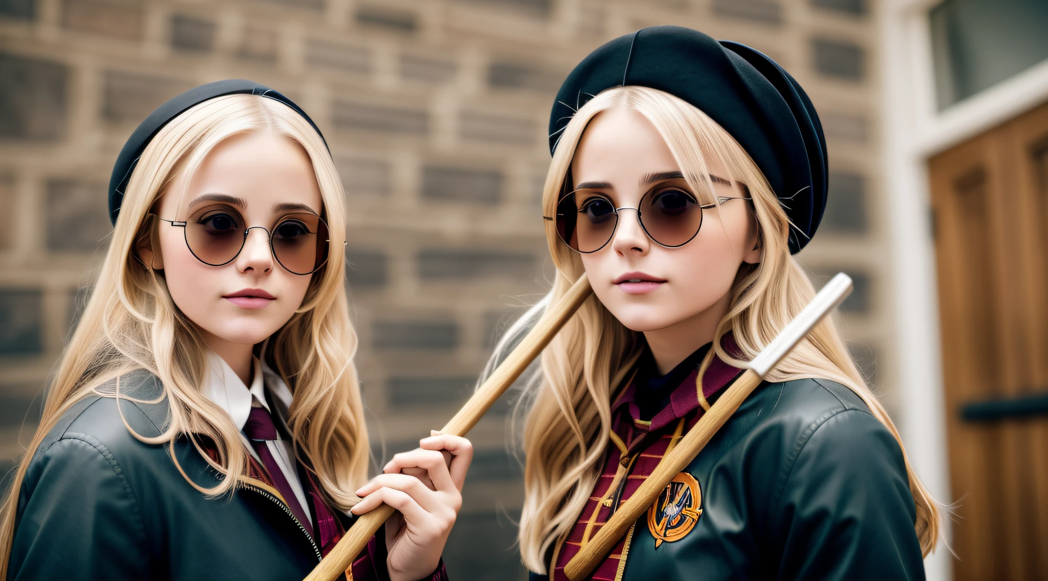blond girl with sunglasses holding a broom and a broomstick, broomstick, girl wearing round glasses, wearing big black circle glasses, round glasses potter, girl with glasses, sweeping wild blonde hair, with sunglass, round black glasses, wearing round glasses, circular glasses, round goggles, funny sunglasses, hair over her eyes, photoshoot, she wears harry potter glasses --auto --s2