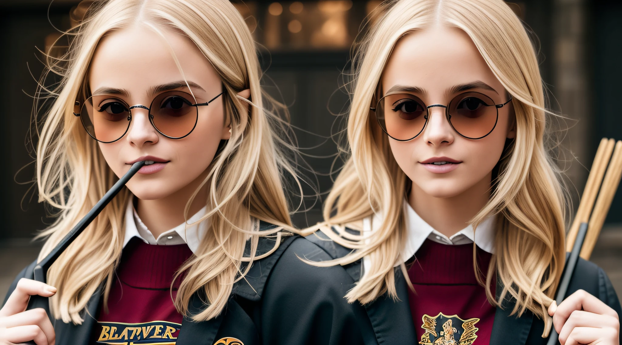 blond girl with sunglasses holding a broom and a broomstick, broomstick, girl wearing round glasses, wearing big black circle glasses, round glasses potter, girl with glasses, sweeping wild blonde hair, with sunglass, round black glasses, wearing round glasses, circular glasses, round goggles, funny sunglasses, hair over her eyes, photoshoot, she wears harry potter glasses --auto --s2