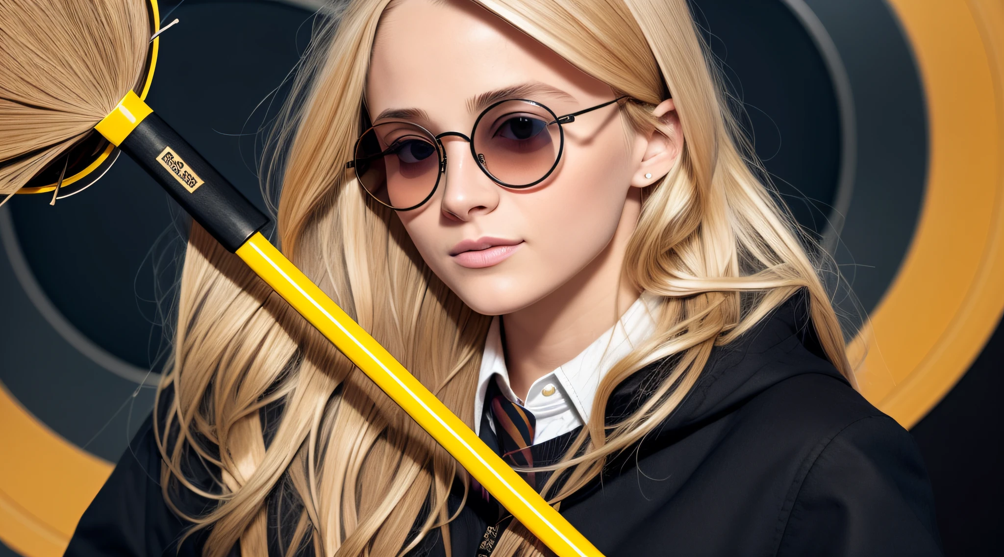 blond girl with sunglasses holding a broom and a broomstick, broomstick, girl wearing round glasses, wearing big black circle glasses, round glasses potter, girl with glasses, sweeping wild blonde hair, with sunglass, round black glasses, wearing round glasses, circular glasses, round goggles, funny sunglasses, hair over her eyes, photoshoot, she wears harry potter glasses --auto --s2