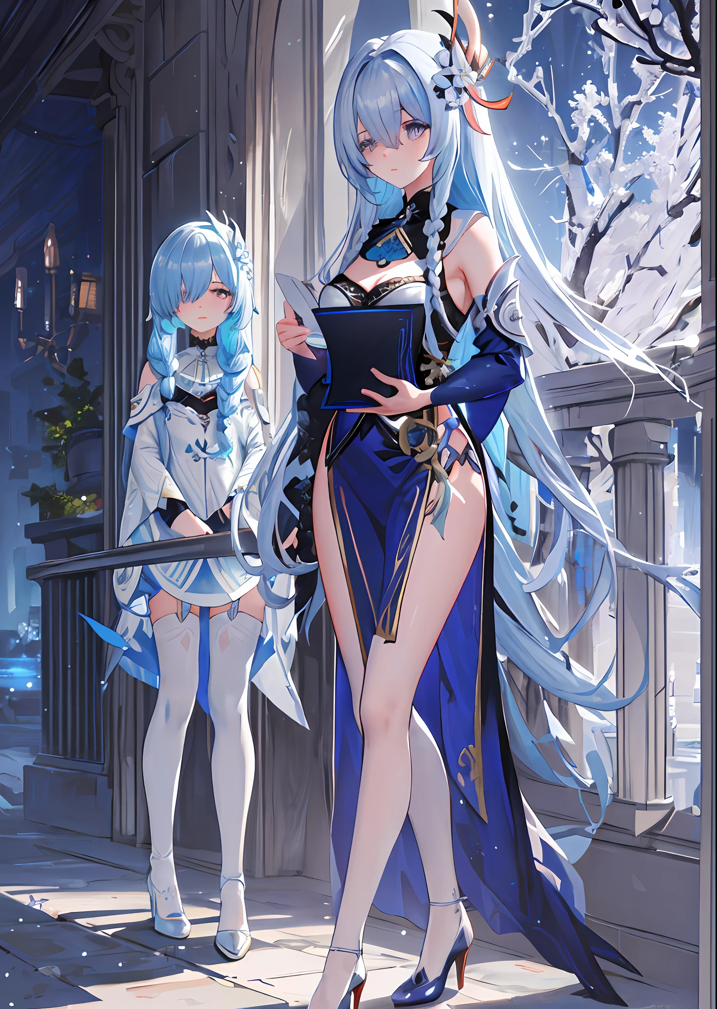 Masterpiece, best quality, super detailed, high resolution), perfect face, side light, shiny skin, standing, white lace, blue theme, fantasy, bikini, lace, white stockings, ((lace trim)), ((string biniki), (bloom), (shine), lighting, ray tracing, ((science_fiction)), outdoor, depth_of_field, Night, winter, shenhe (genshin impact), silver eyes, hair over one eye, (hair ornament), chest curtain, high heels, long hair, braids