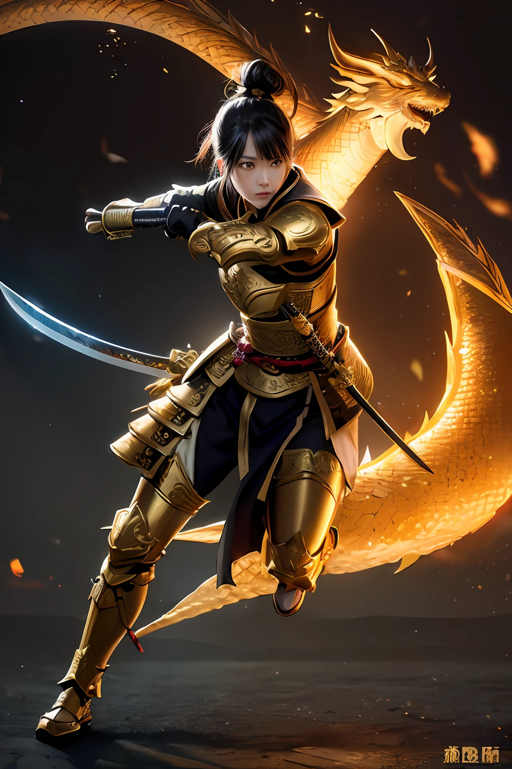 Realistic photo (maximum detail) (brightness)(light)(reflection), Samurai, ninja, golden armor, detailed sword, dragon emblem relief, Chinese style, can fight, guardian, (Photo 8K) (Details) wide-angle photography, panorama, shiny golden armor, woman, full body photo