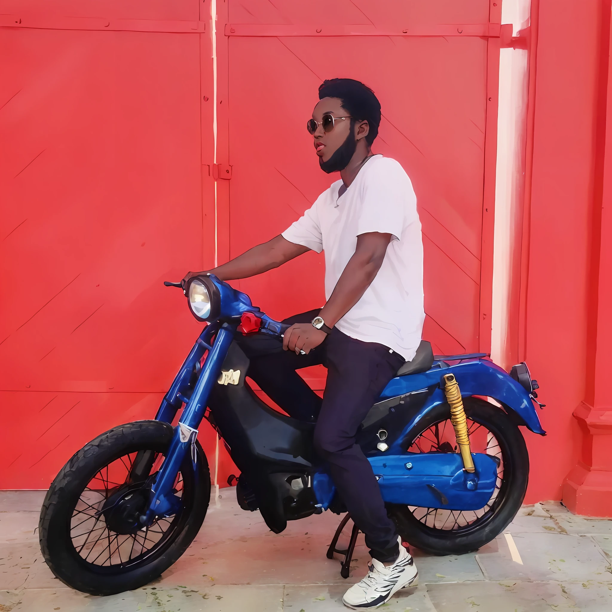 (masterpiece), photographic realism, better quality, ultra-detailed details, a young black woman in a black denim shirt and black Jordan snaker sits on a retro motorcycle, afro hair rippling in the wind, the play of light and shadow highlights her seductive body and shiny skin, the framing in vintage jeans and the realistic details of the j.