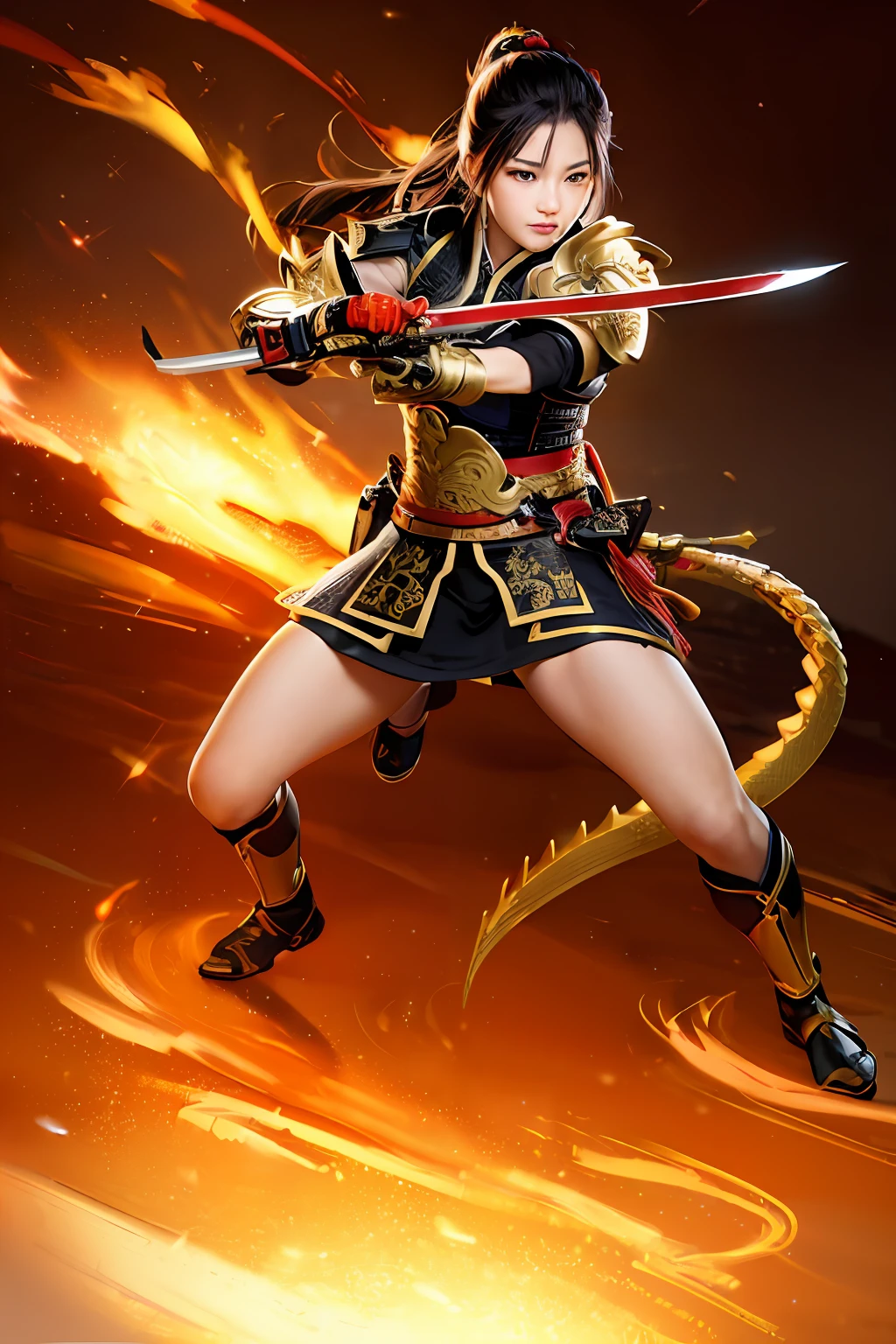 Realistic photo (maximum detail) (brightness)(light)(reflection), Samurai, ninja, golden armor, detailed sword, dragon emblem relief, Chinese style, can fight, guardian, (Photo 8K) (Details) wide-angle photography, panorama, shiny golden armor, woman, full body photo