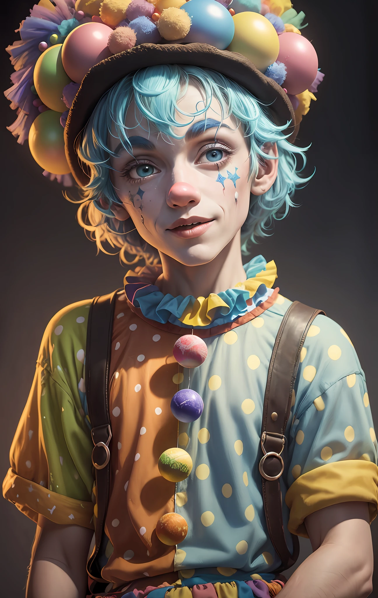 Close-up. Pixar Disney cartoon about a merry clown juggling magic luminous balls. Funny hat, tattered clothes. Pale colors, pastel moire tone, dark, super realistic, studio stage lighting, black fantasy background, 50mm, 16K --auto --s2