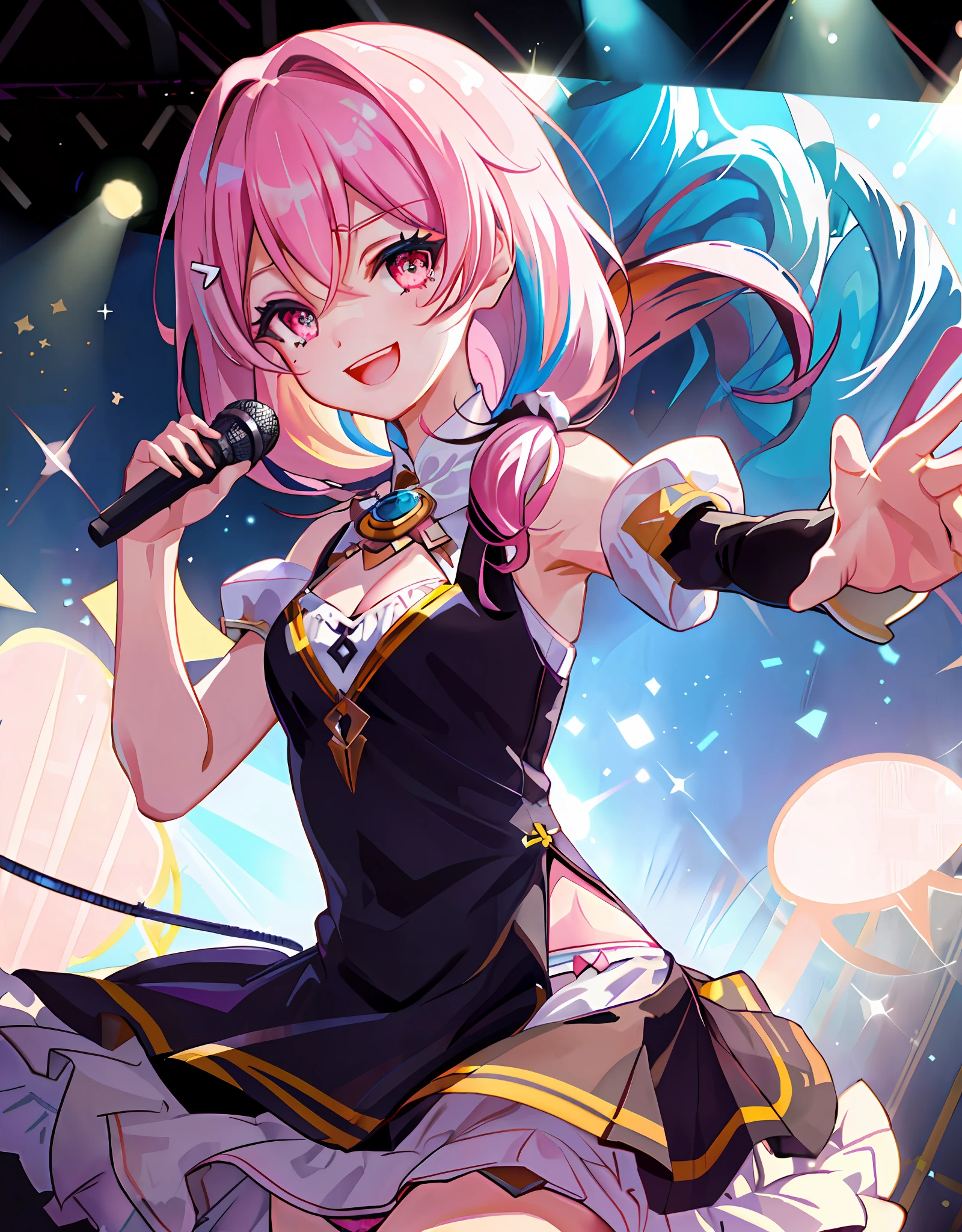 Dynamic angle, ((((Perfect human hand, super detailed human 5 fingers))), upper body, 1 girl, smile, wolf ears, wolf tail, pink eyes, hair between eyes, (wink)))), D cup, cleavage, striped hair, ((((Colorful hair color: 1))))), Variegated hairstyle: 1, twin tails, ultra-detailed gradient hair, idol costumes, professional designer, Ruffled dress, Love Live, Jewels, Backstage, Best Stage, Climax, Professional Stage, (((Holding the microphone with your left hand and singing emotionally, overflowing emotions, best smile))), Singer, Vocalist: 1, Idol, Diva, Professional stage, Professional lighting, Live lighting, Distracting, Fan Service: 1, (Satellite photo seen from the audience)))), (((Panchira, cute panties)))