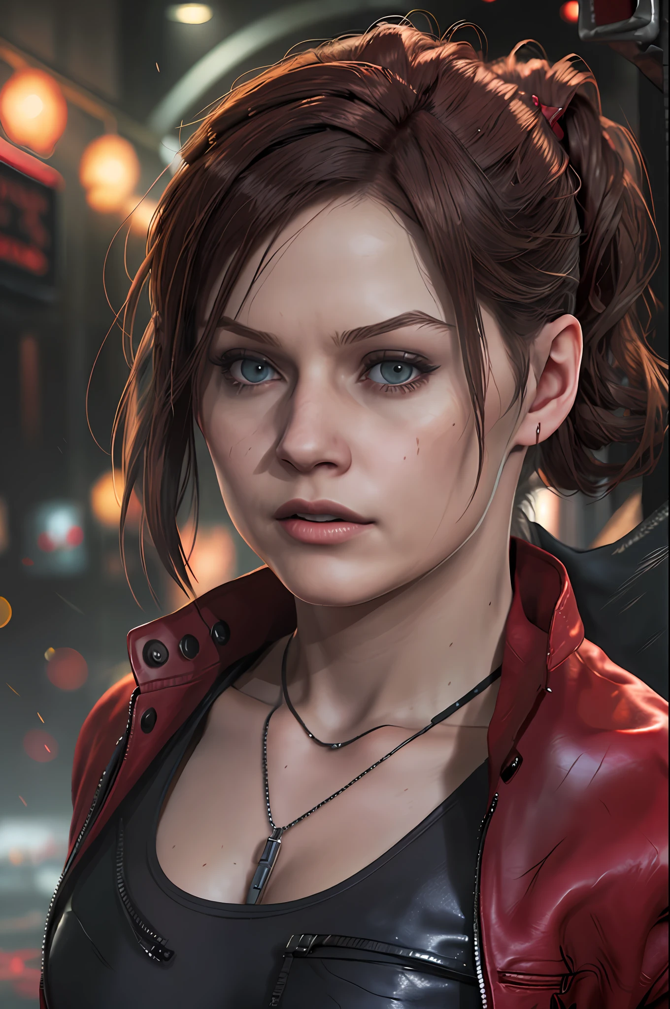 Claire redfield (Resident Evil 2), young face, best quality, masterpiece, wearing black tank top, bright red long sleeves leather jacket outside, pony tail hair tie, dark brown hair color, long hair, breast, dark streets in the background, night, dark atmosphere, depth of field, soft face, detailed face, high resolution:1.2,