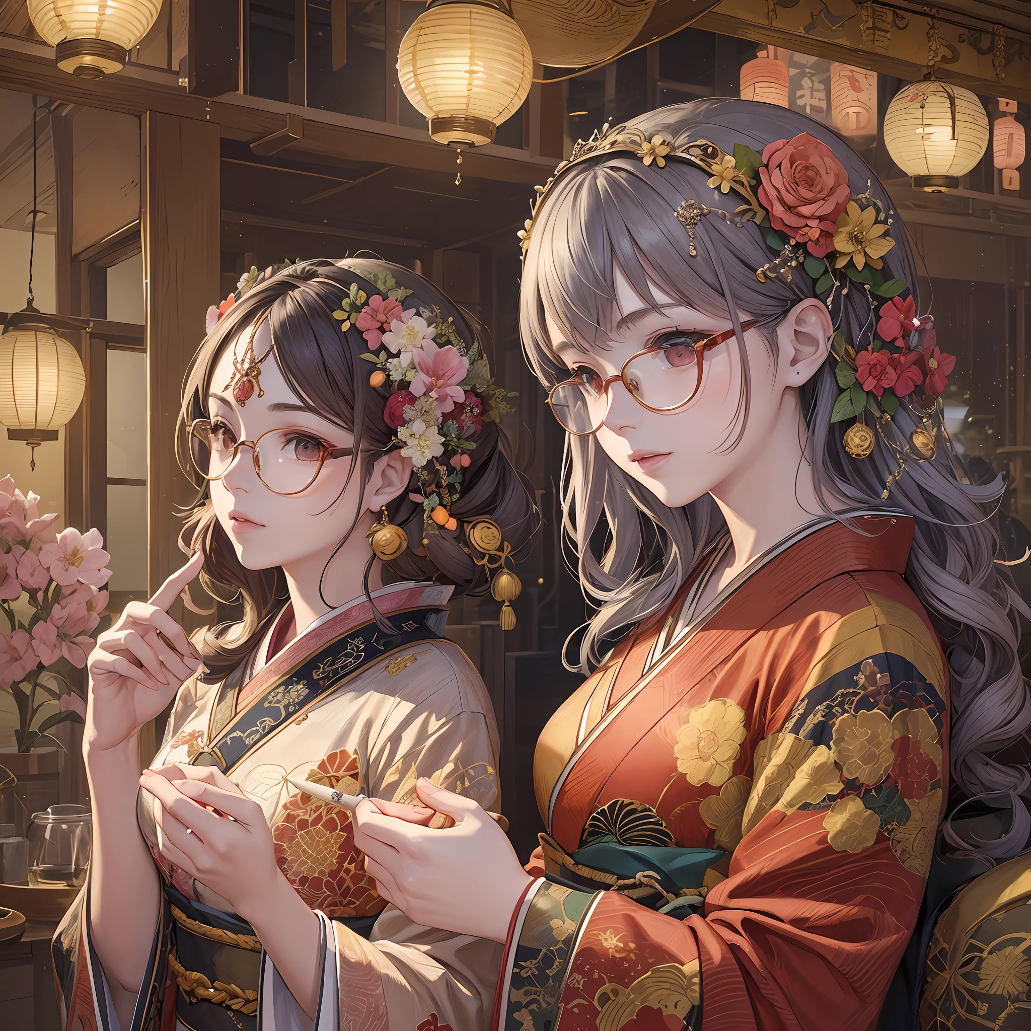 (Masterpiece), ((Best Quality)),(Official Art),Beautiful Indulgence:1.3),(Dress),(1 Girl: 1.3), Woman in Silver Round Rim Glasses, Behind the Woman Countless Lanterns Shining Pale Orange, Woman in a Red Kimono with Intricate and Delicate Design, Detailed drawing. Bright colors. Colorful, highest detail ((super detailed)), (highly detailed 3D illustration), ((very delicate and beautiful)) --auto --s2