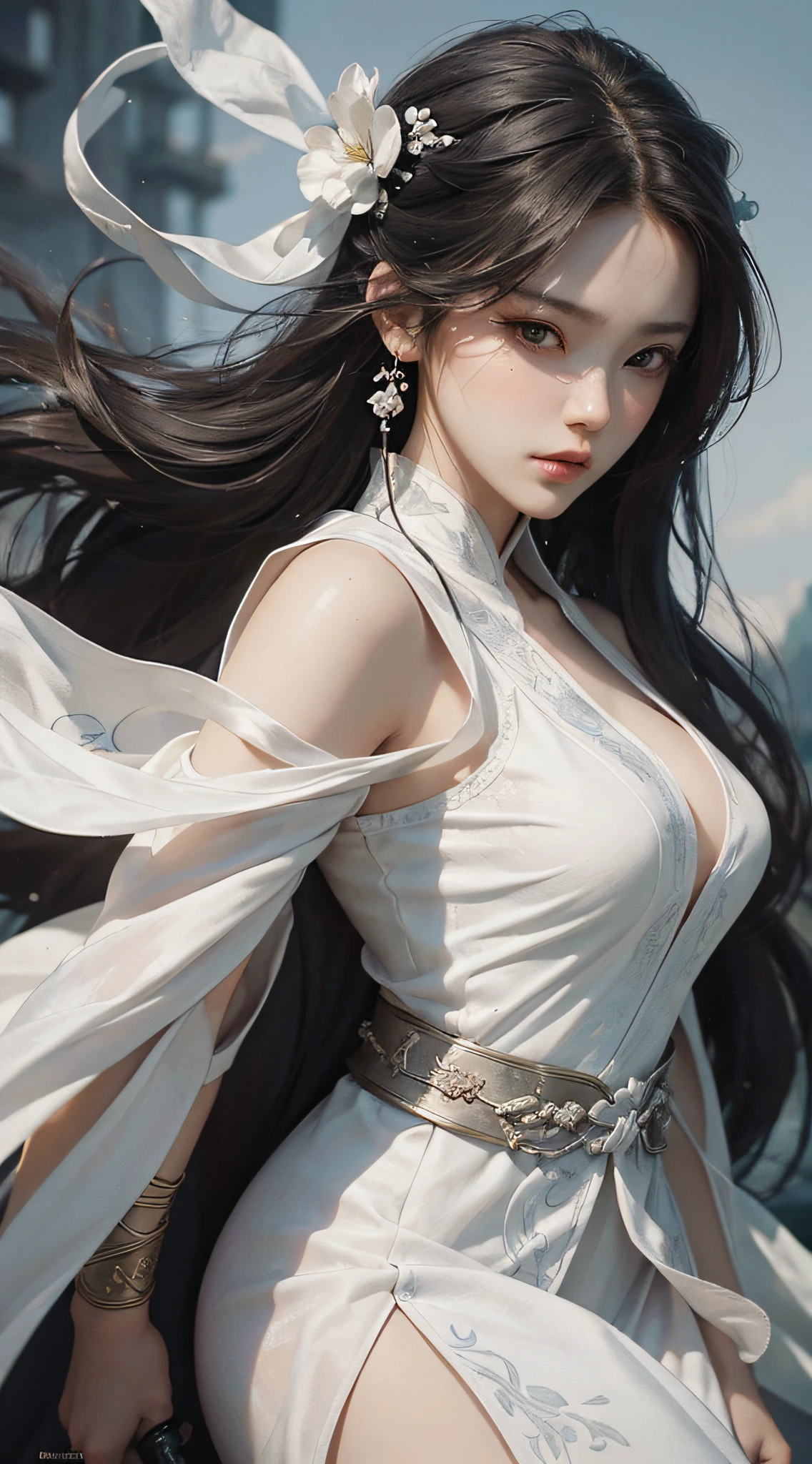 Close-up of a woman in a white dress holding a sword, fighting posture, sharp eyes, portrait of Yang J, cgsociety's popularity, fantasy art, beautiful character painting, Guwiz style artwork, Guwiz, white Hanfu, flowing white robes, full body martial arts, epic exquisite character art, stunning character art, beautiful female assassin --auto --s2